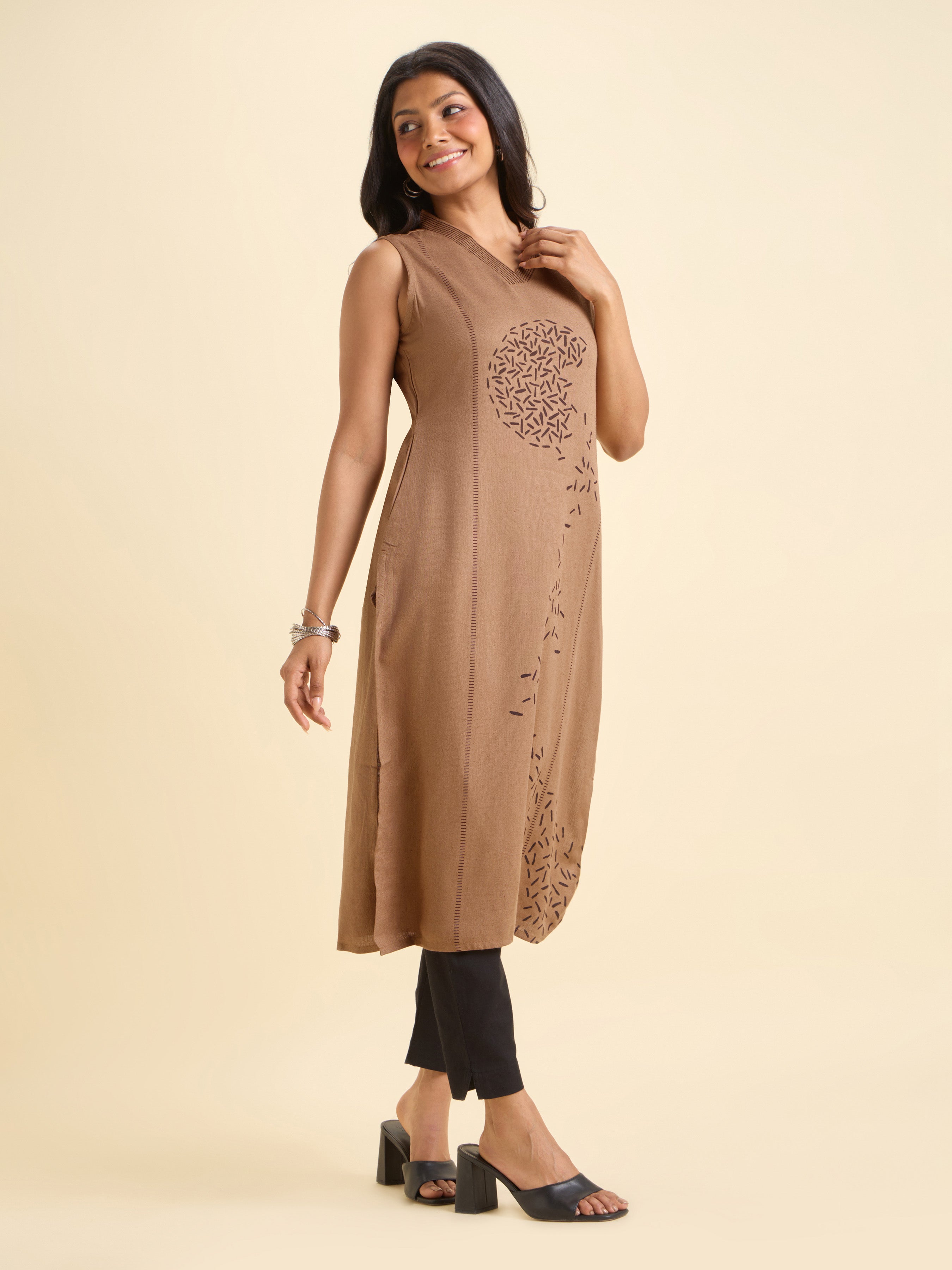 Light Brown Viscose Linen Placement Print Sleeveless Kurti With Embroidery