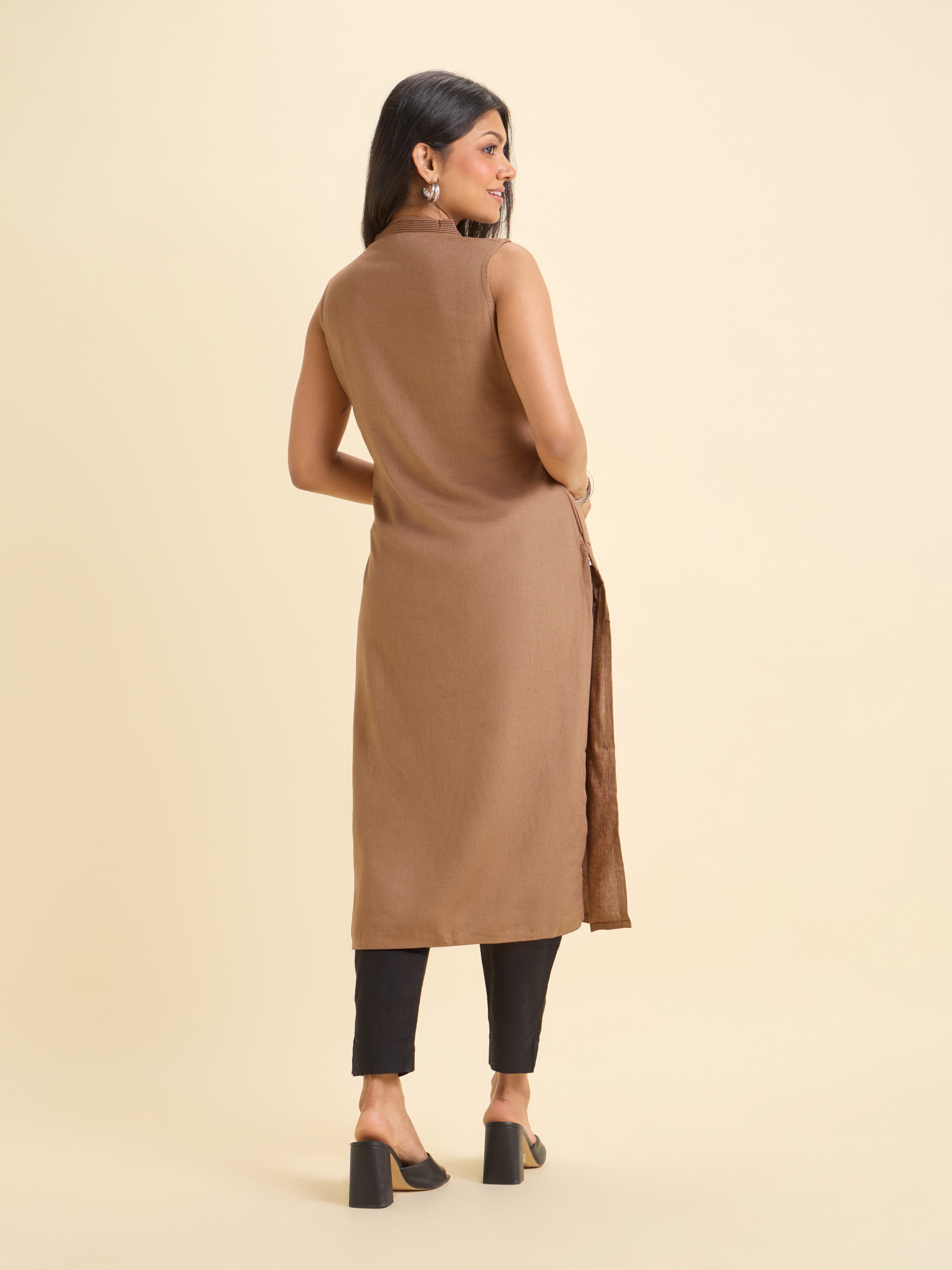 Light Brown Viscose Linen Placement Print Sleeveless Kurti With Embroidery