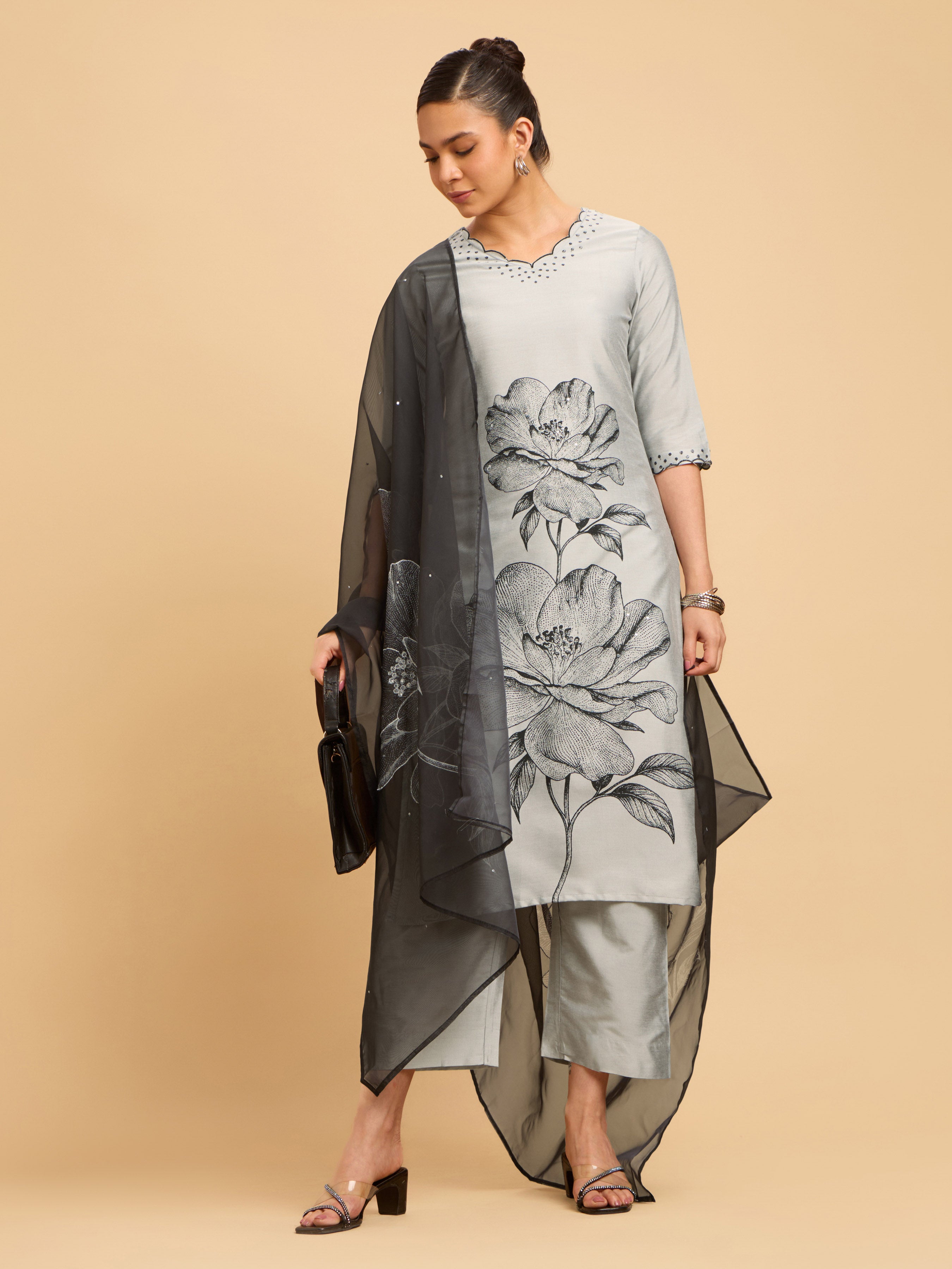 Light Grey Plain Slitted Kurti Set With Placement Print & Embroidery Sequins Work.Styled With Printed Dupatta