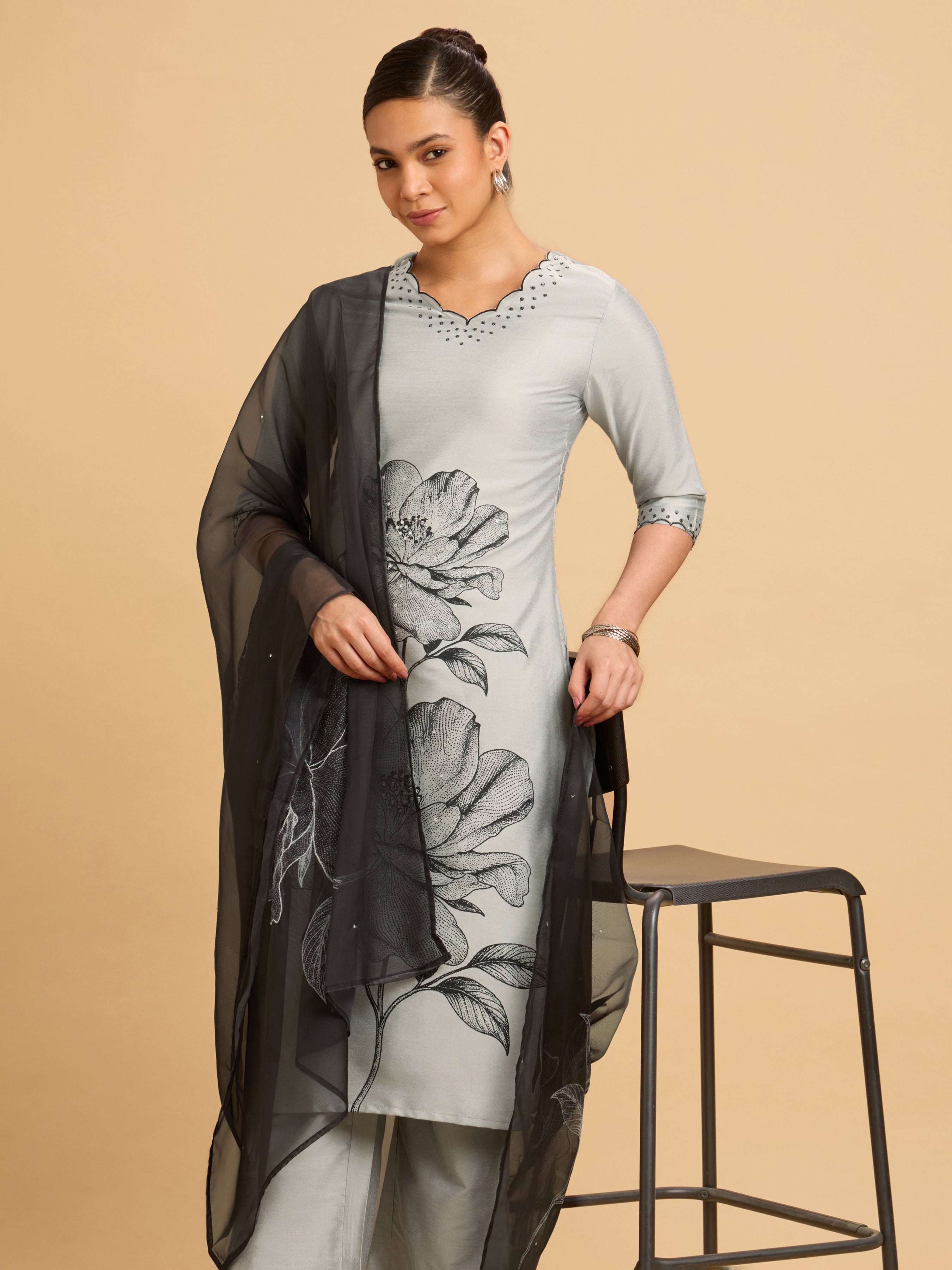 Light Grey Plain Slitted Kurti Set With Placement Print & Embroidery Sequins Work.Styled With Printed Dupatta