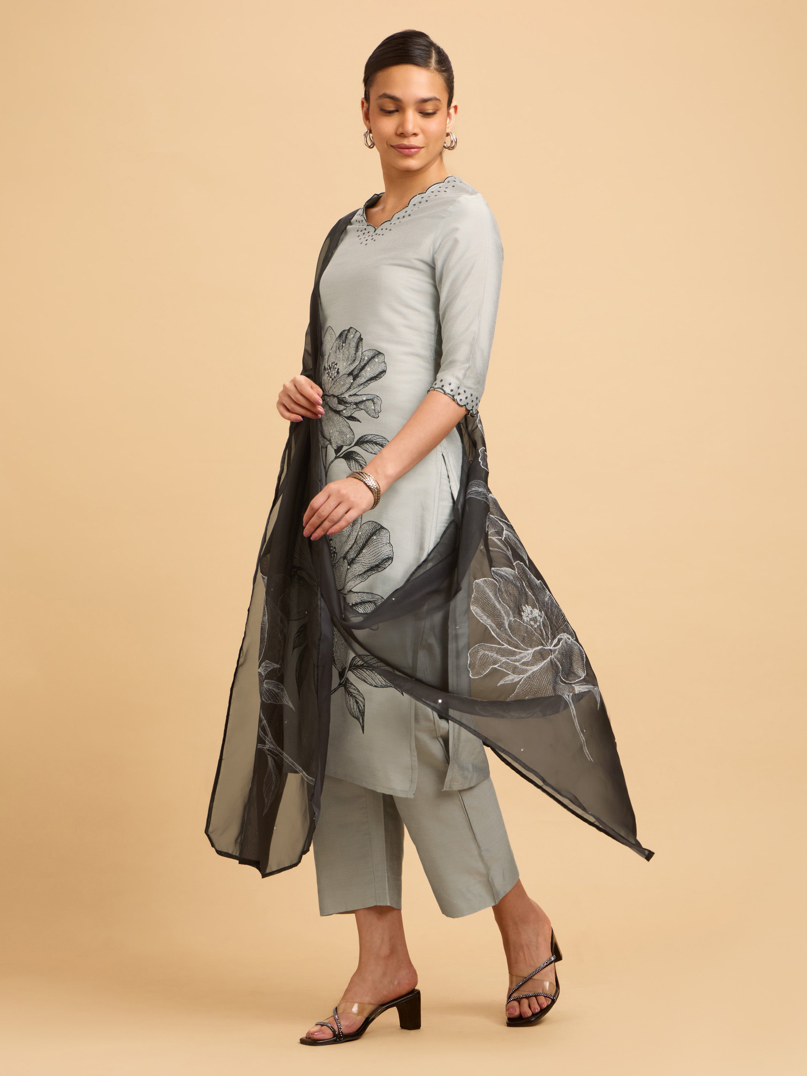 Light Grey Plain Slitted Kurti Set With Placement Print & Embroidery Sequins Work.Styled With Printed Dupatta