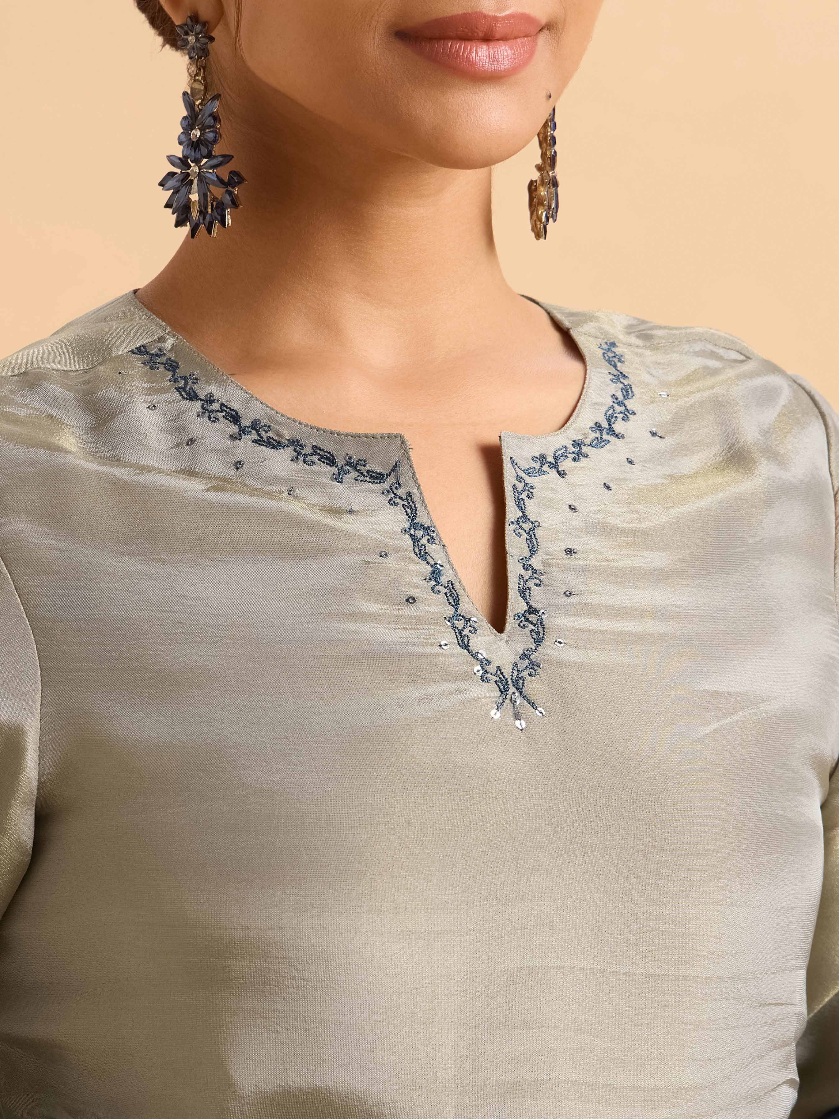 Light Grey Viscose Shimmer Plain Slitted Kurti Set With Embroidery And Sequins Work And Embroidery And Sequins Work Dupatta-T