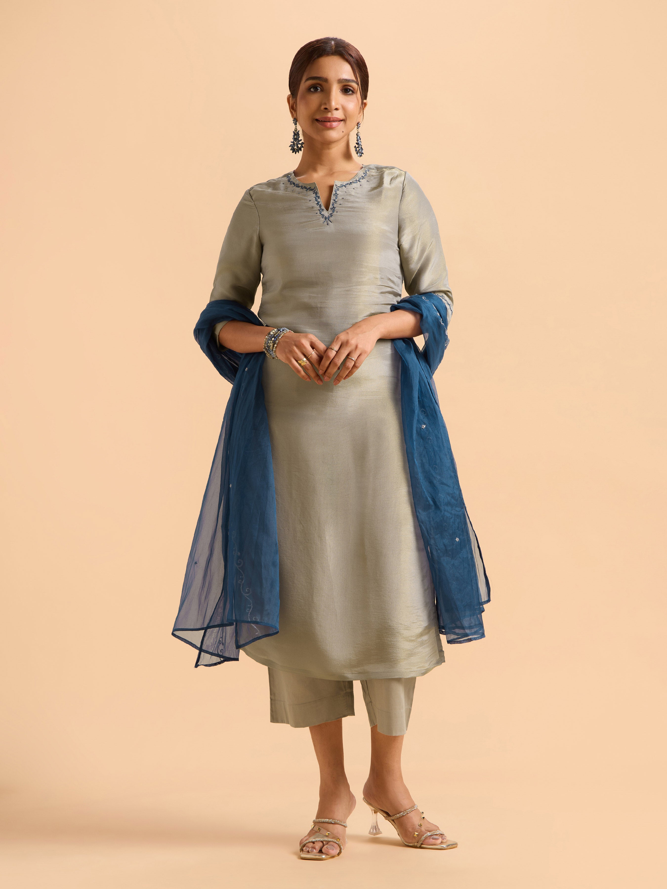 Light Grey Viscose Shimmer Plain Slitted Kurti Set With Embroidery And Sequins Work
