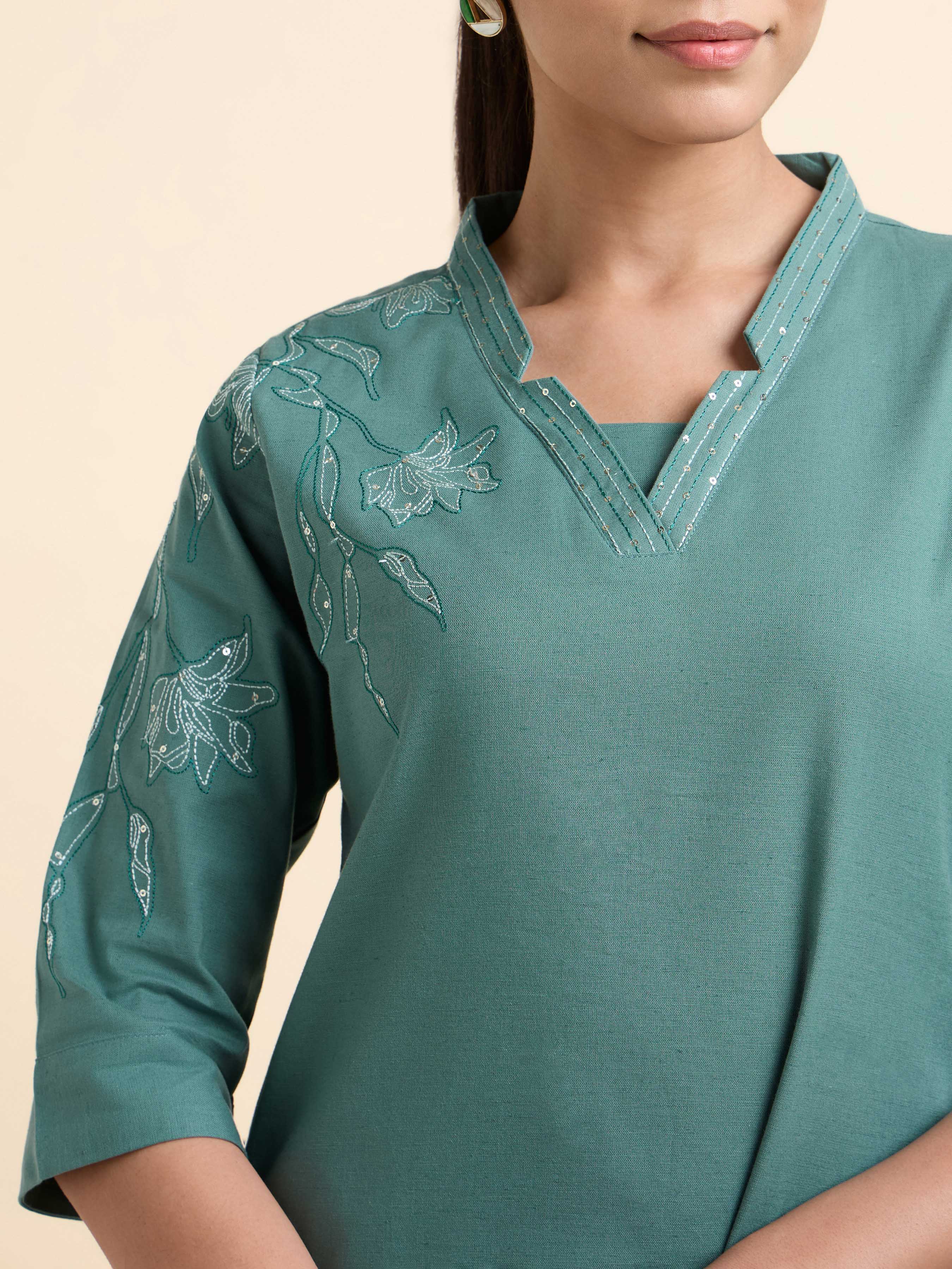 Light Teal Cotton Flax Plain Slitted Kurti With Embroidery