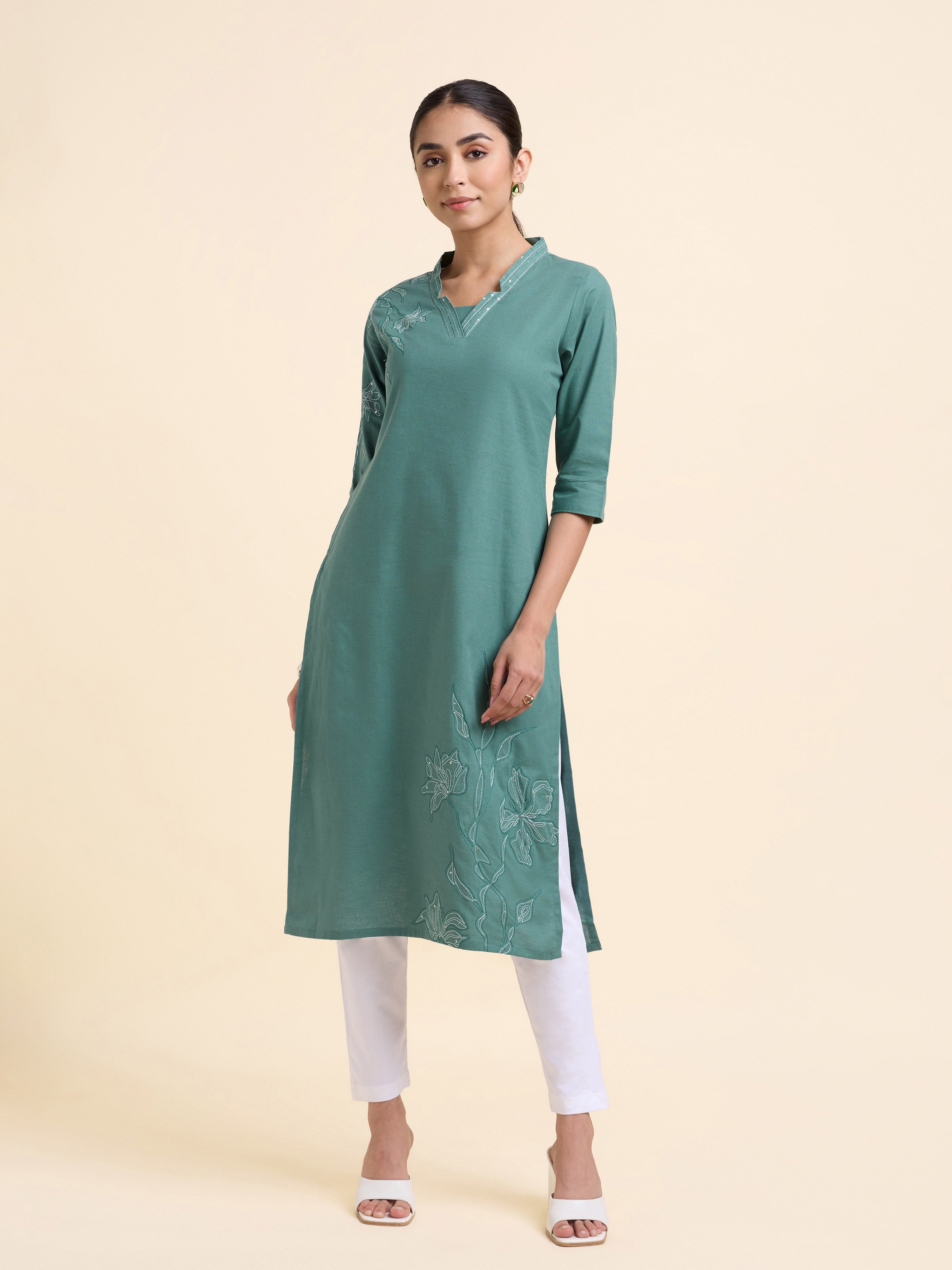 Light Teal Cotton Flax Plain Slitted Kurti With Embroidery