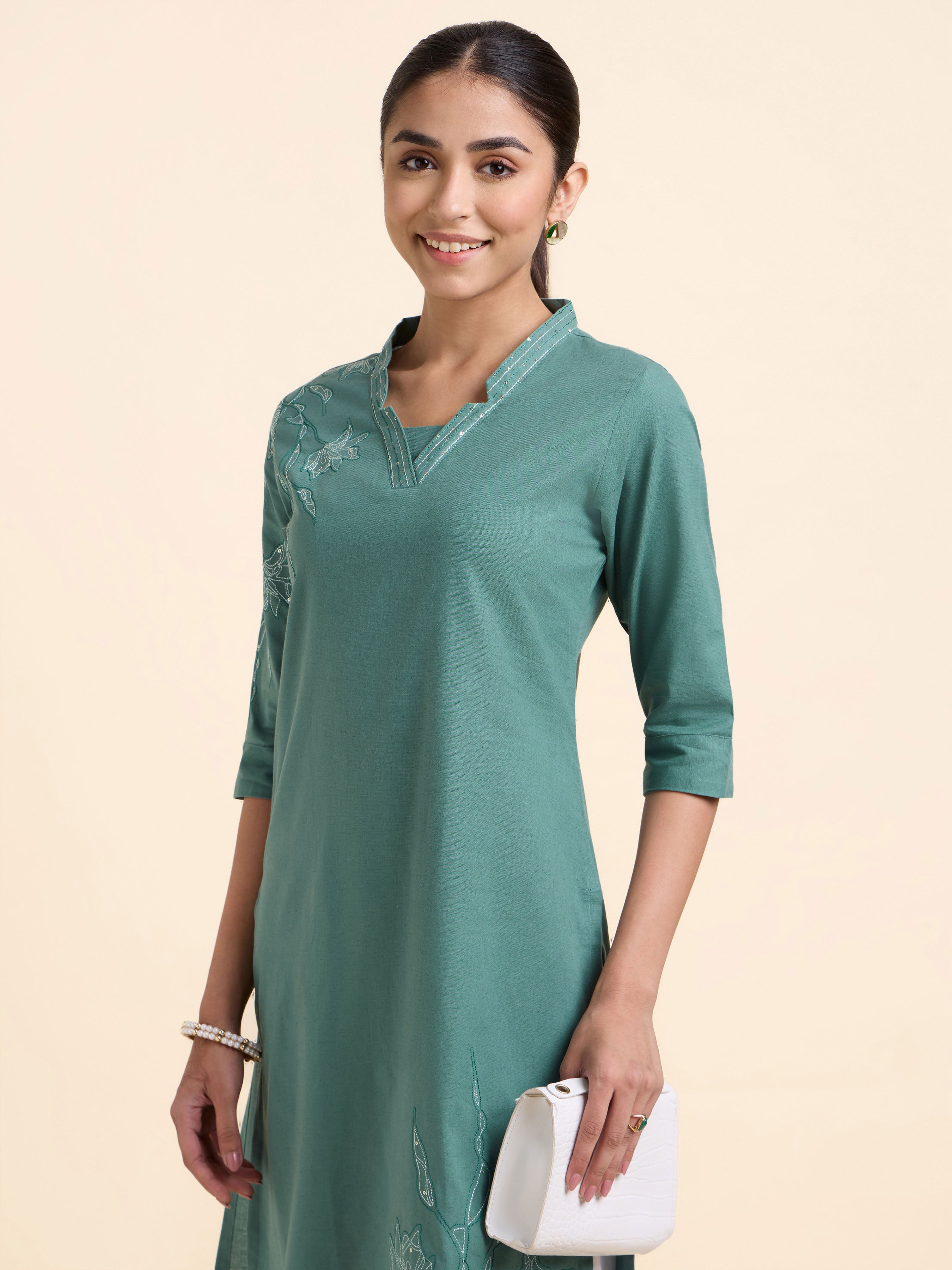 Light Teal Cotton Flax Plain Slitted Kurti With Embroidery