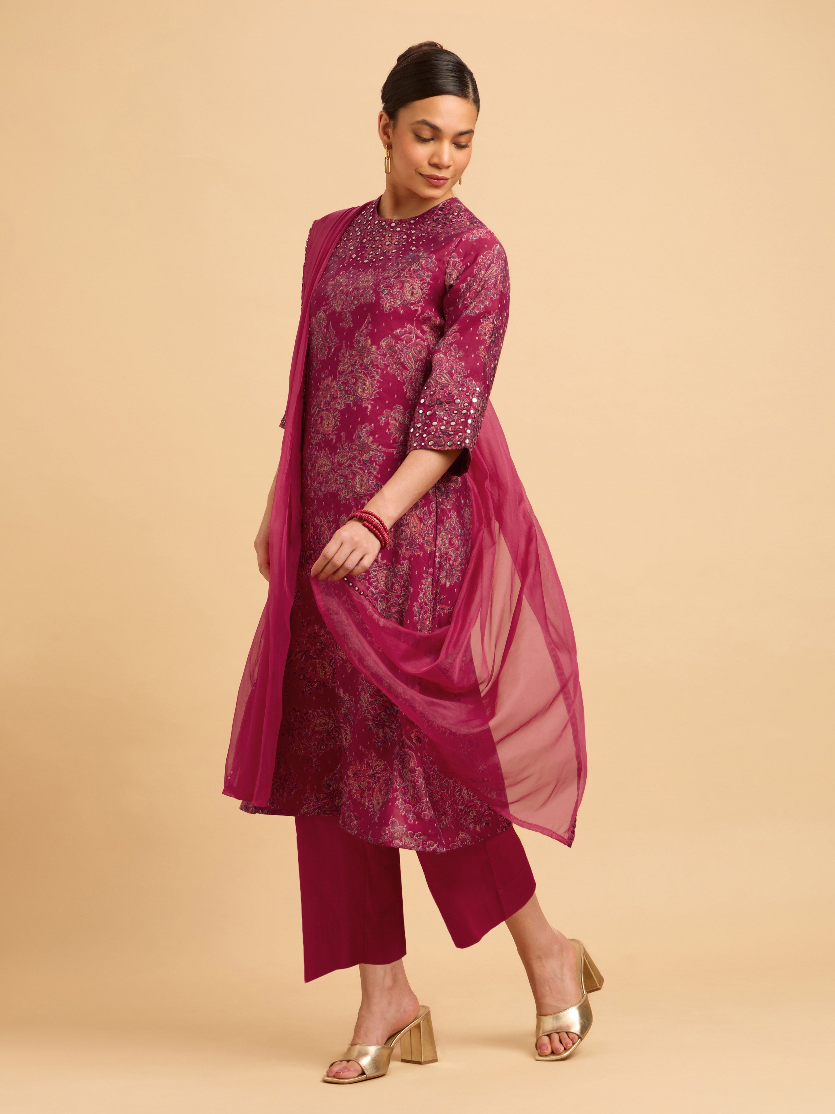 Magenta Multi Colour Modal Chanderi Printed Kurta Set With Mirror Work Embroidery And Dupatta