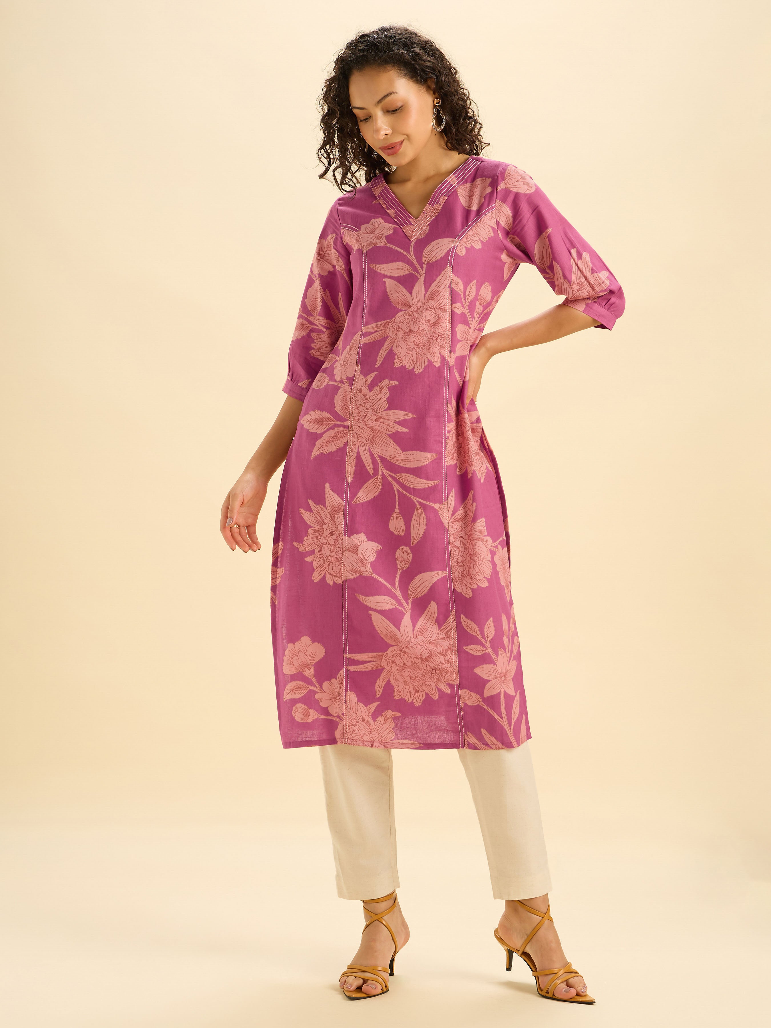 Majenta Beige Cottonf Fax Print Slited Kurti With Princess Cut And Embroidery