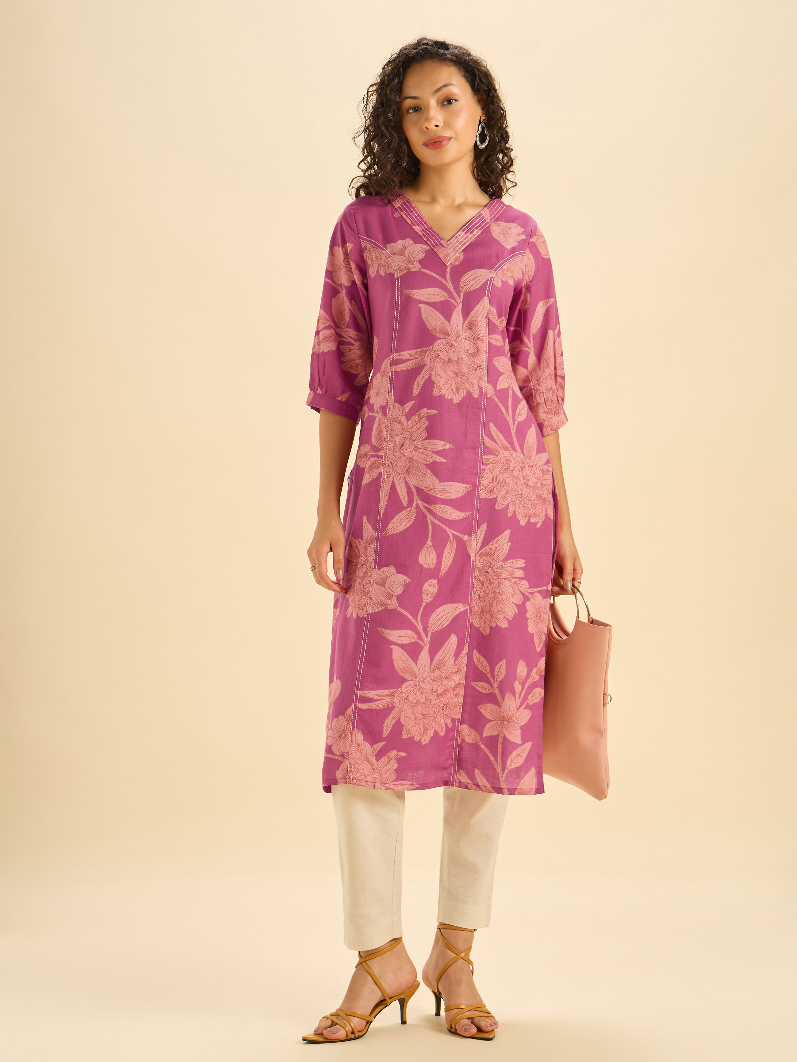 Majenta Beige Cottonf Fax Print Slited Kurti With Princess Cut And Embroidery