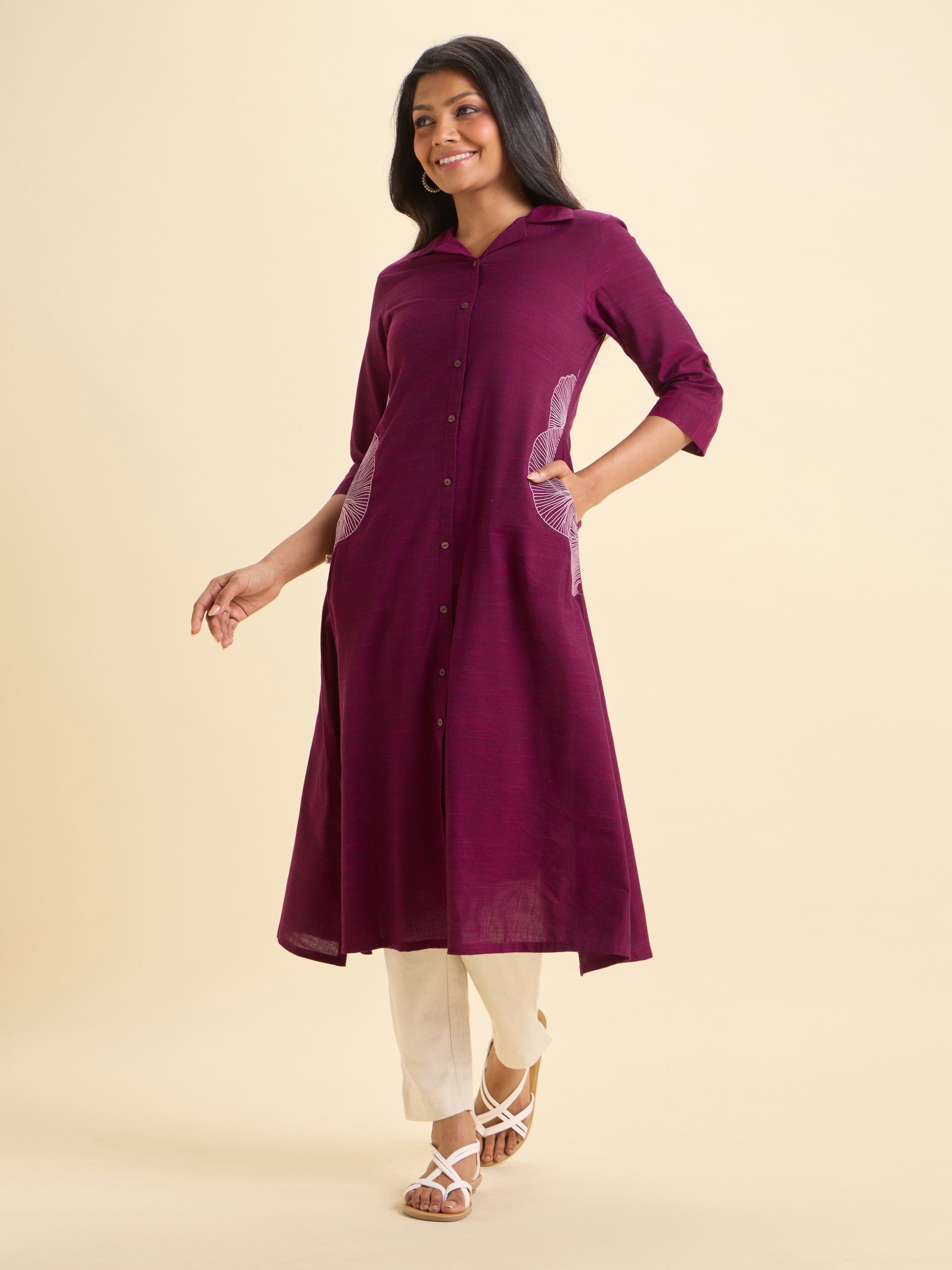 Majenta Cotton Viscose Slub Flared Kurti With Curved Hem And Embroidery