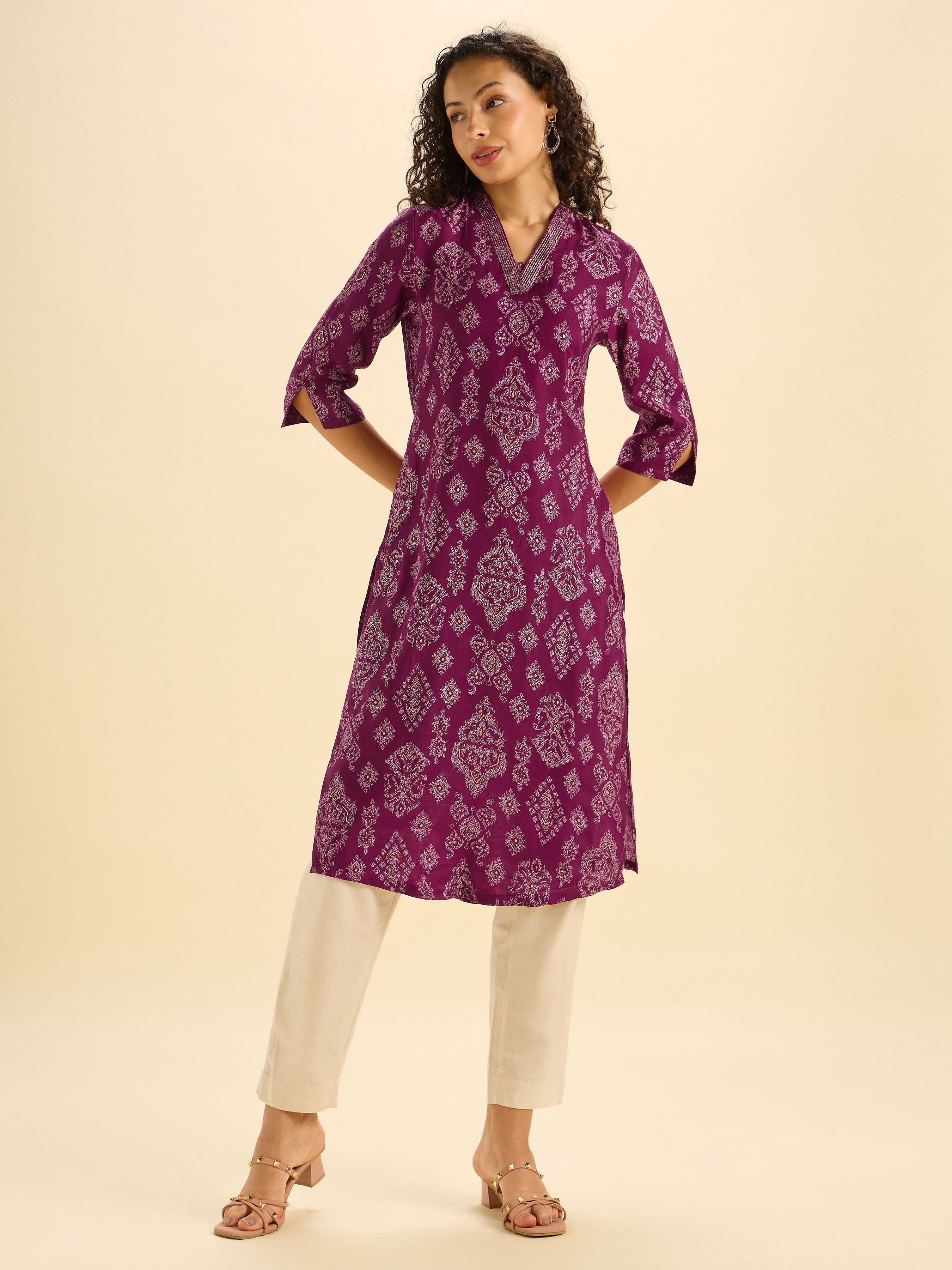 Maroon Ivory Modal Chanderi Printed Slited Kurti With Liberty Cut And Embroidery