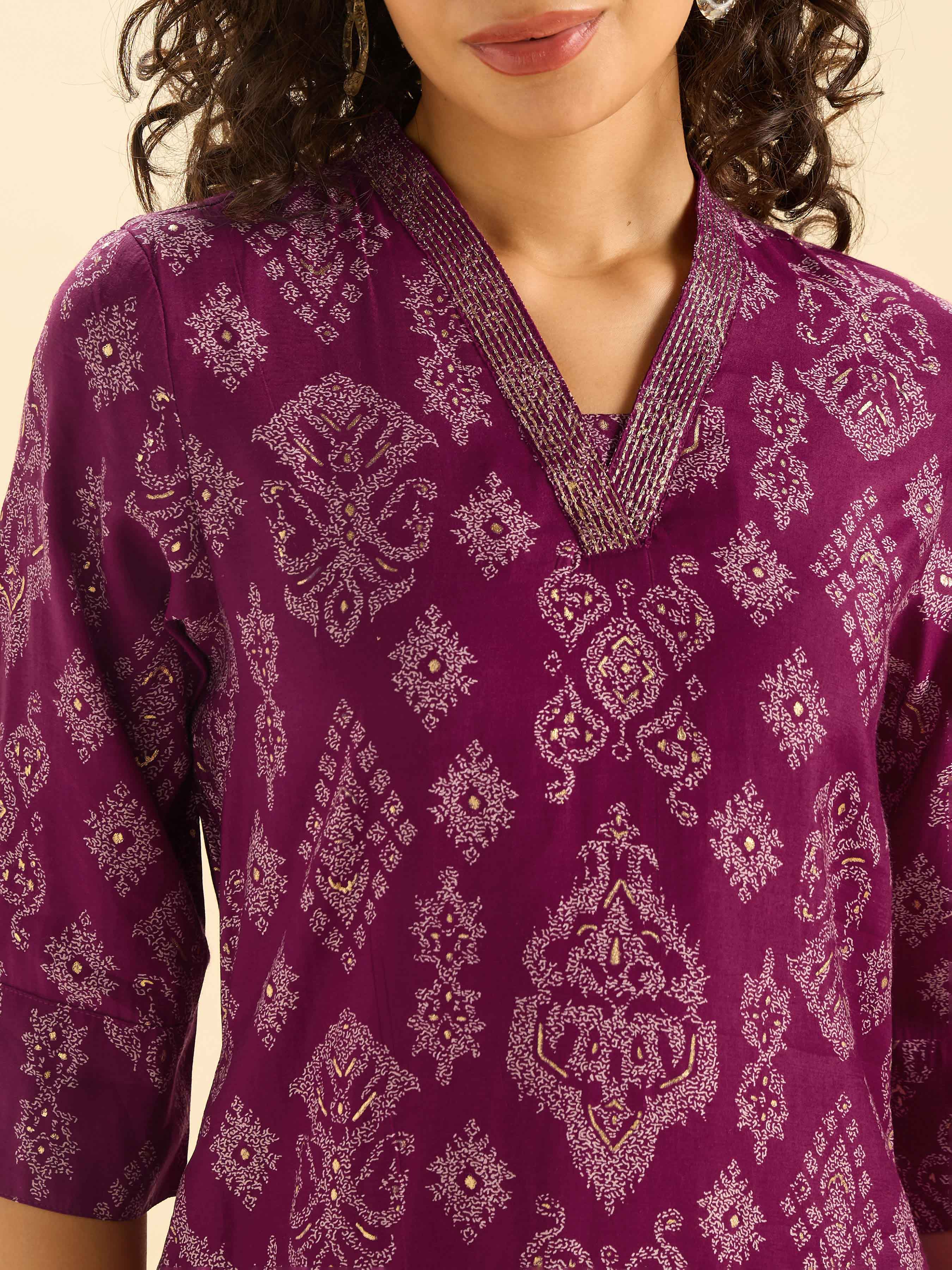 Maroon Ivory Modal Chanderi Printed Slited Kurti With Liberty Cut And Embroidery