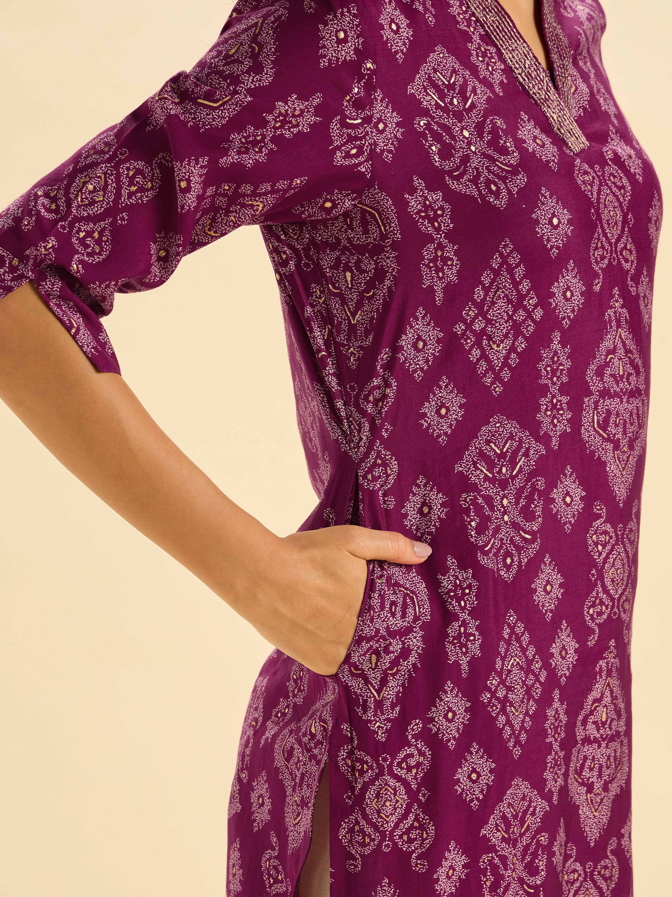 Maroon Ivory Modal Chanderi Printed Slited Kurti With Liberty Cut And Embroidery