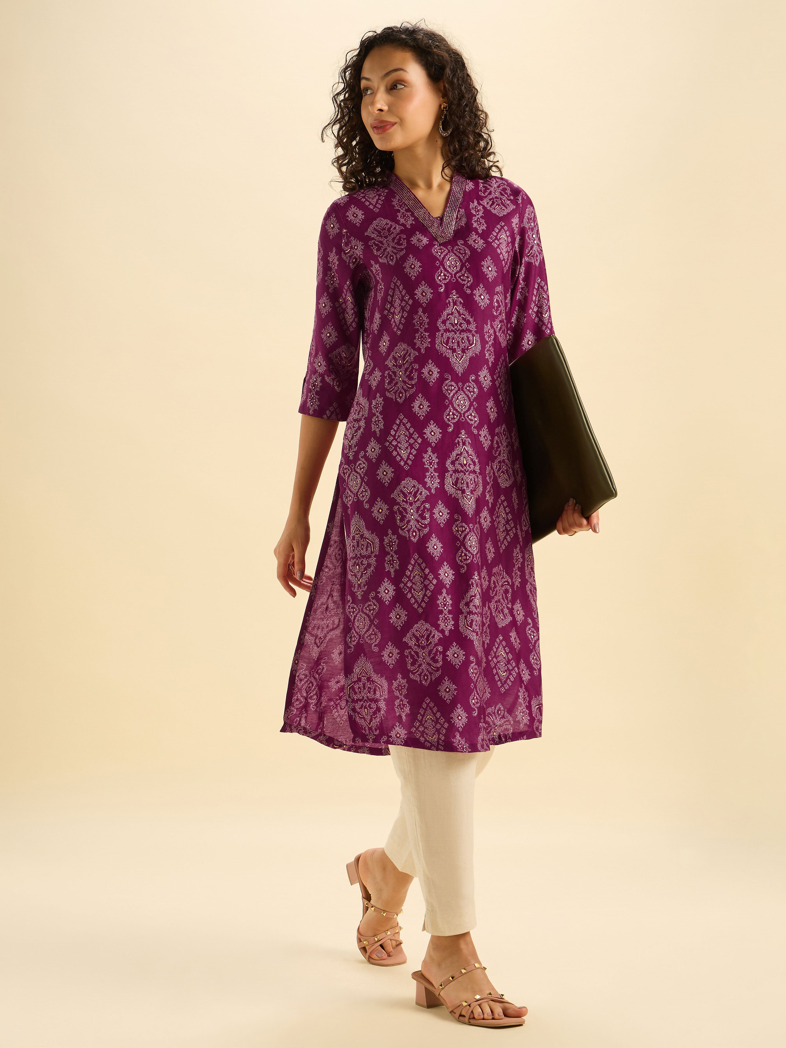 Maroon Ivory Modal Chanderi Printed Slited Kurti With Liberty Cut And Embroidery