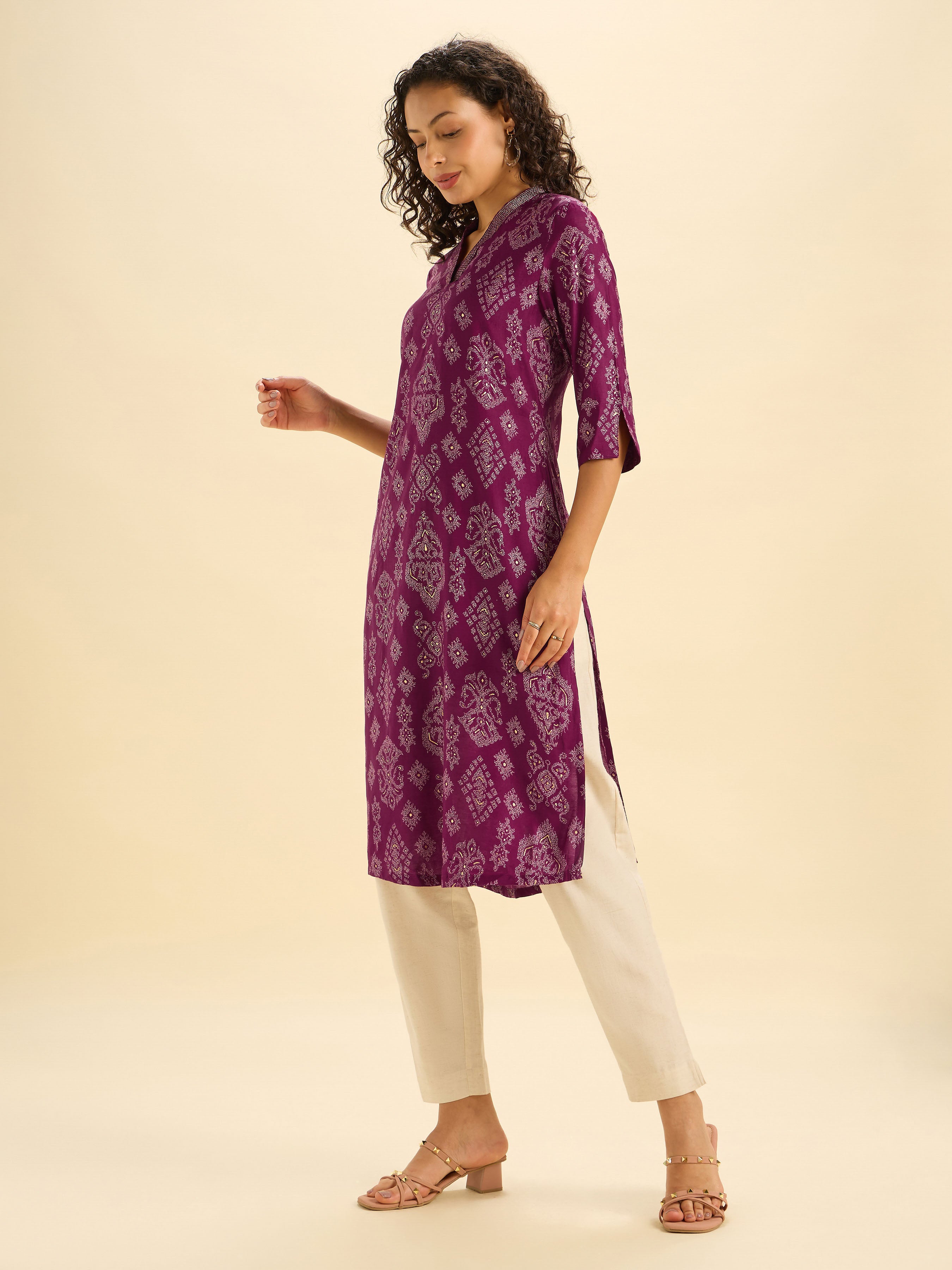 Maroon Ivory Modal Chanderi Printed Slited Kurti With Liberty Cut And Embroidery