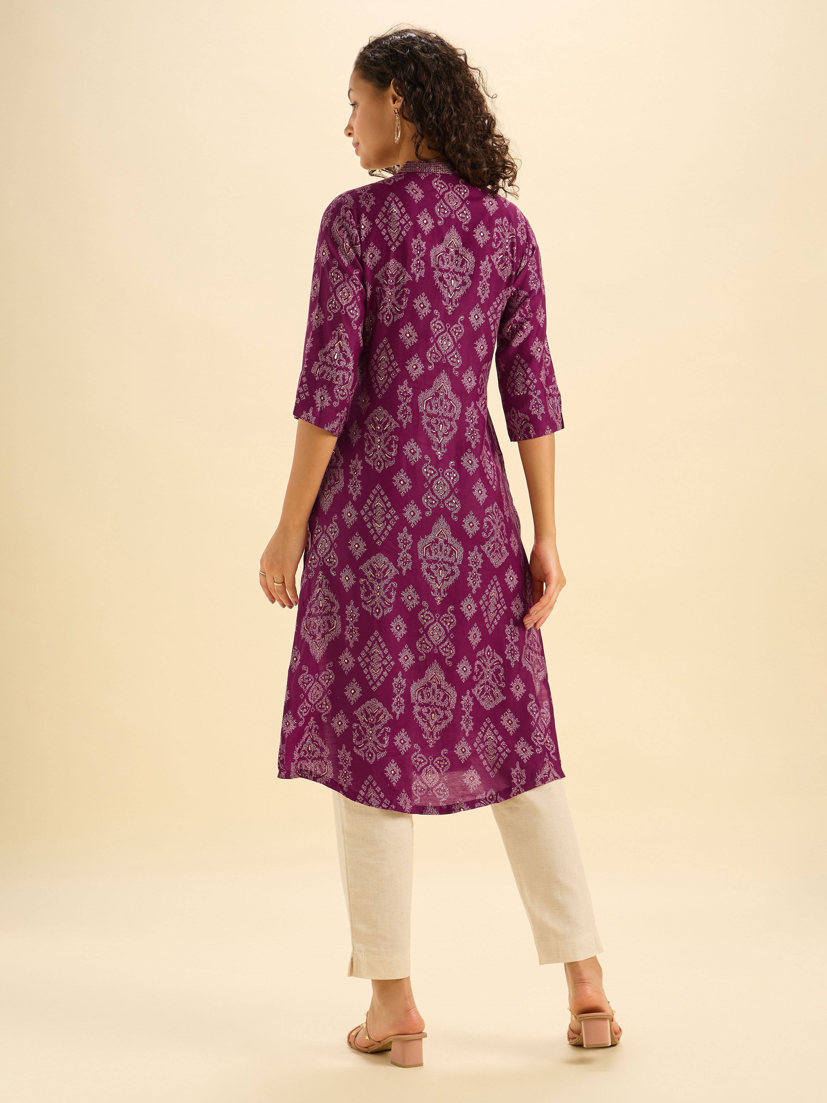 Maroon Ivory Modal Chanderi Printed Slited Kurti With Liberty Cut And Embroidery