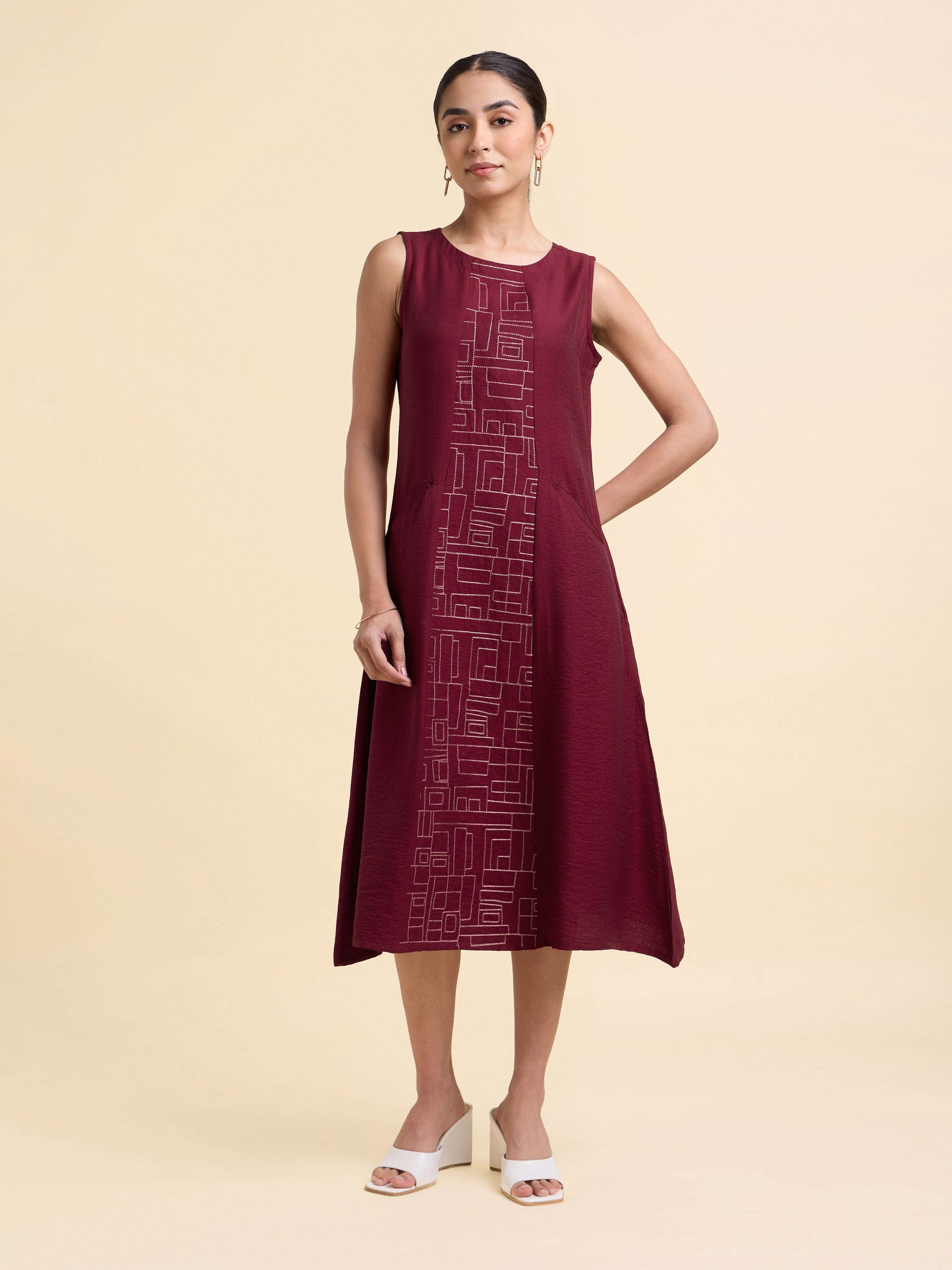 Maroon Poly Viscose Plain Flared Kurti With Center Panel Embroidery