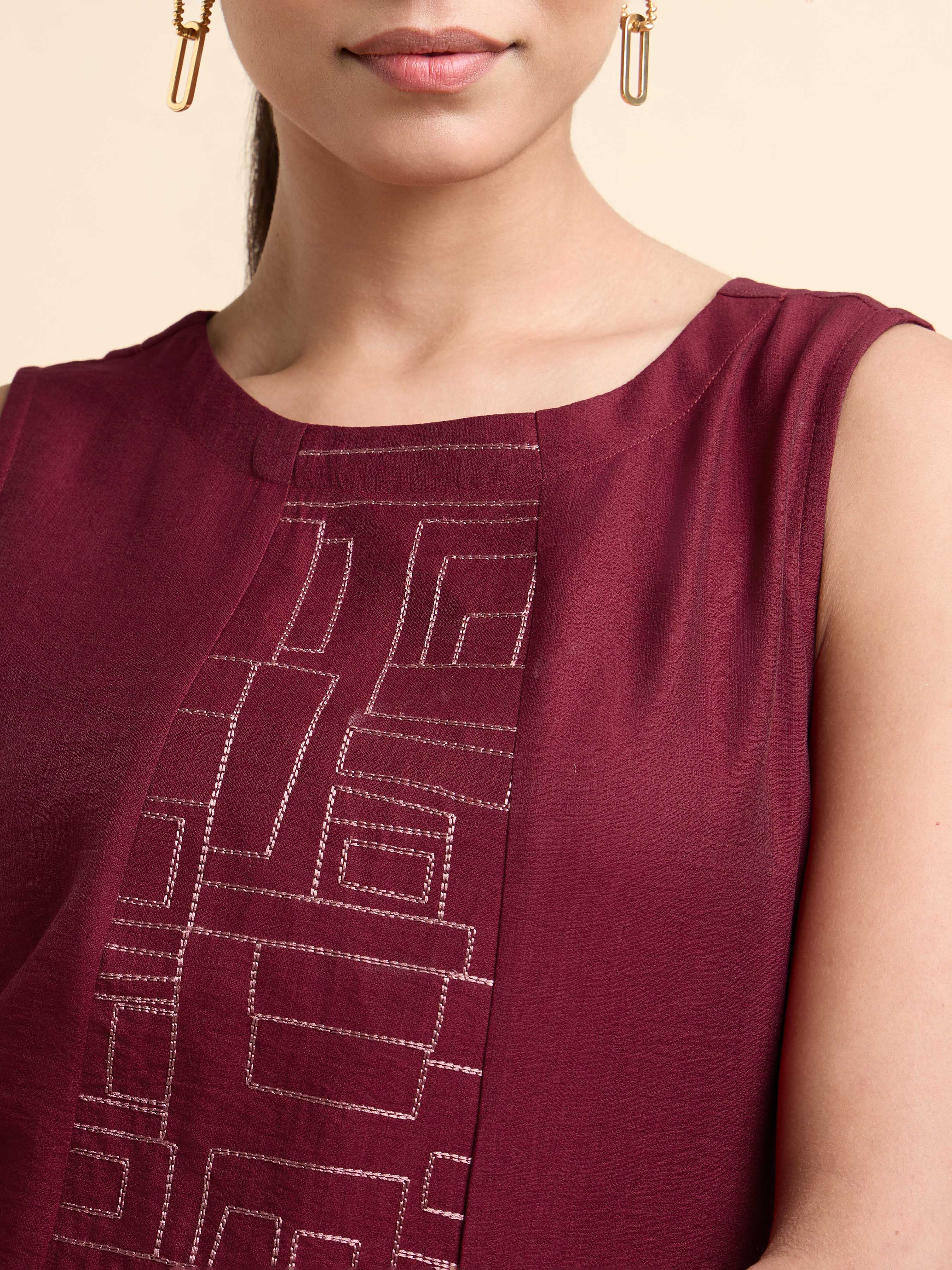 Maroon Poly Viscose Plain Flared Kurti With Center Panel Embroidery