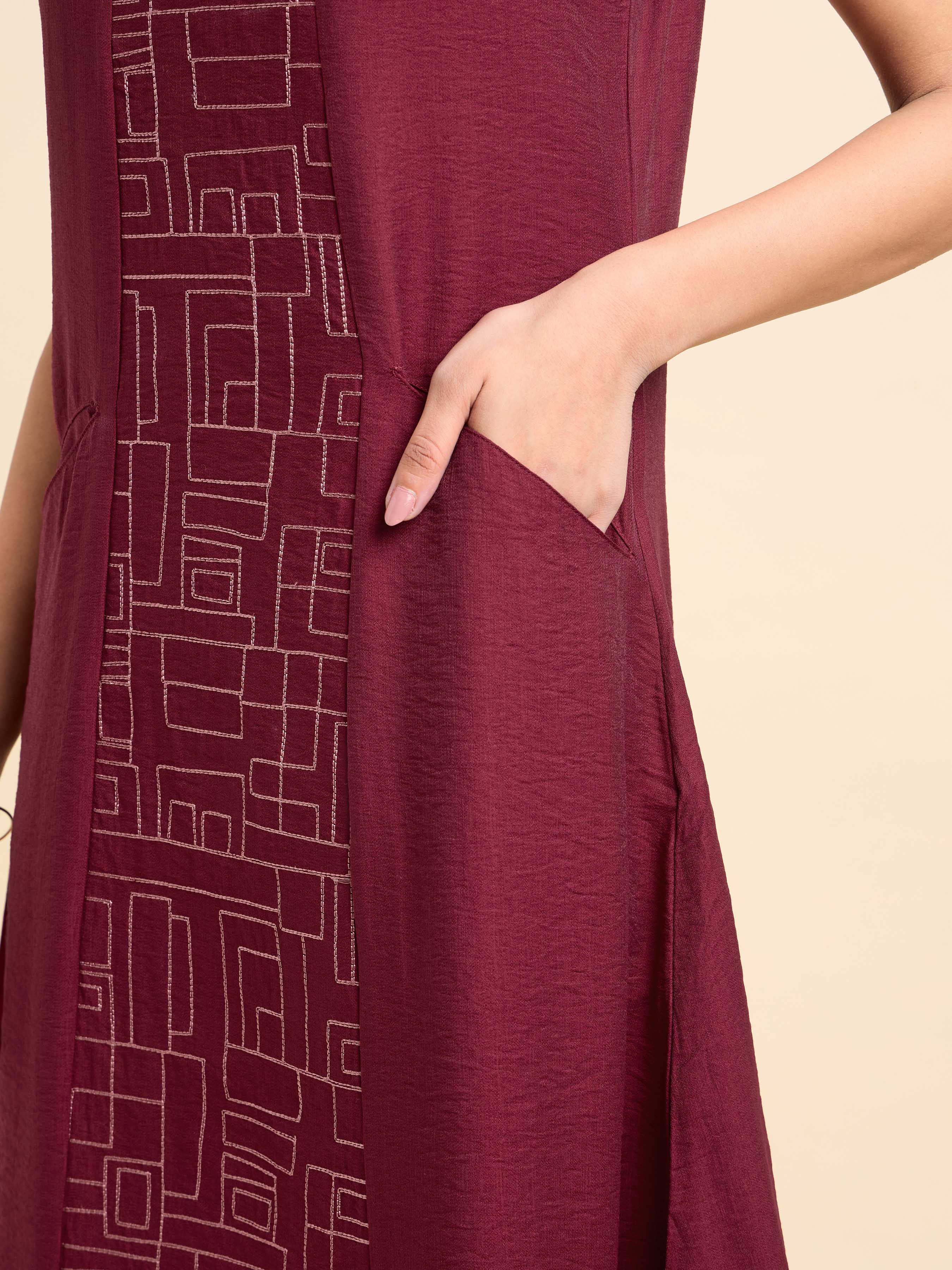 Maroon Poly Viscose Plain Flared Kurti With Center Panel Embroidery