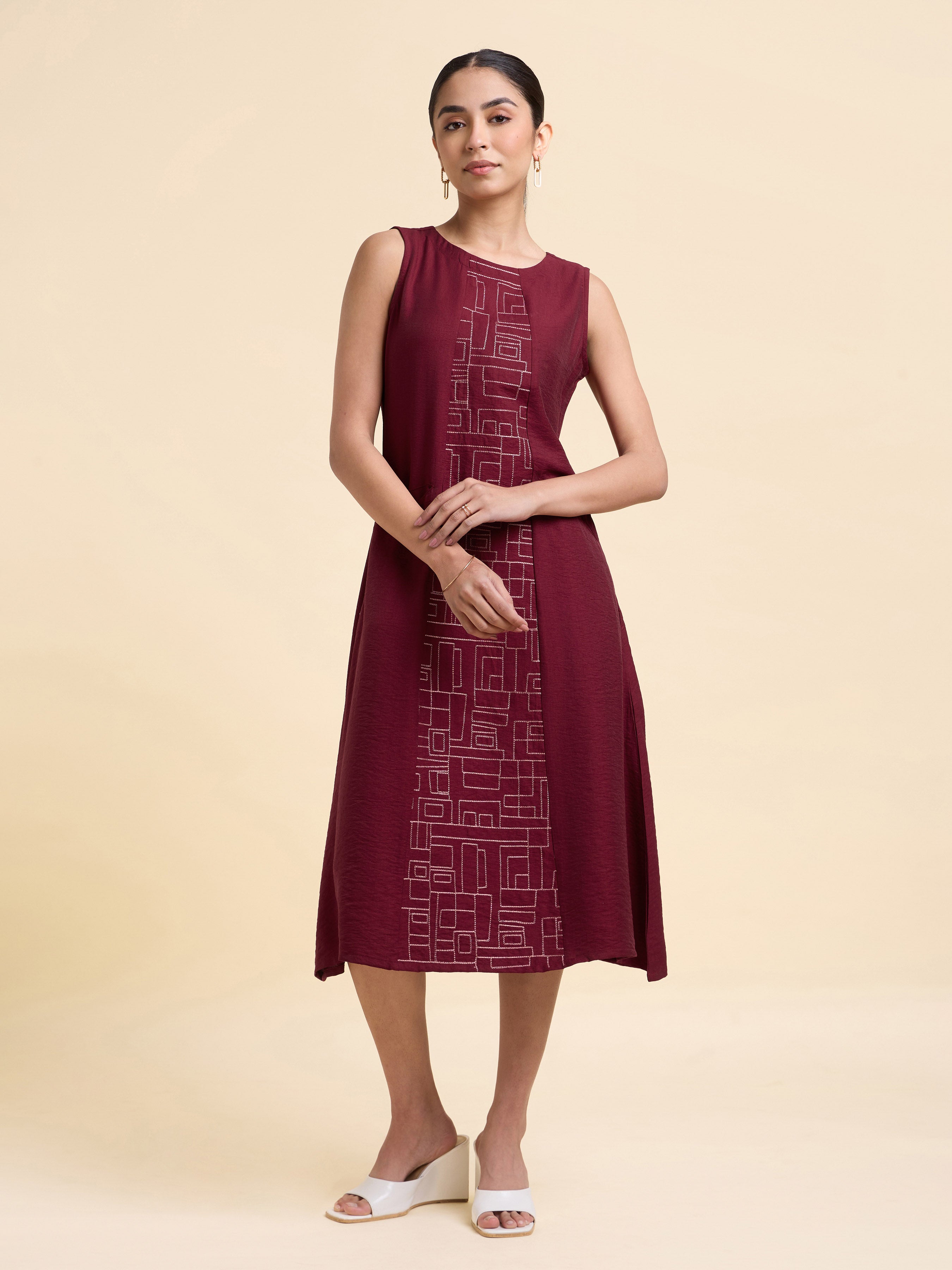 Maroon Poly Viscose Plain Flared Kurti With Center Panel Embroidery