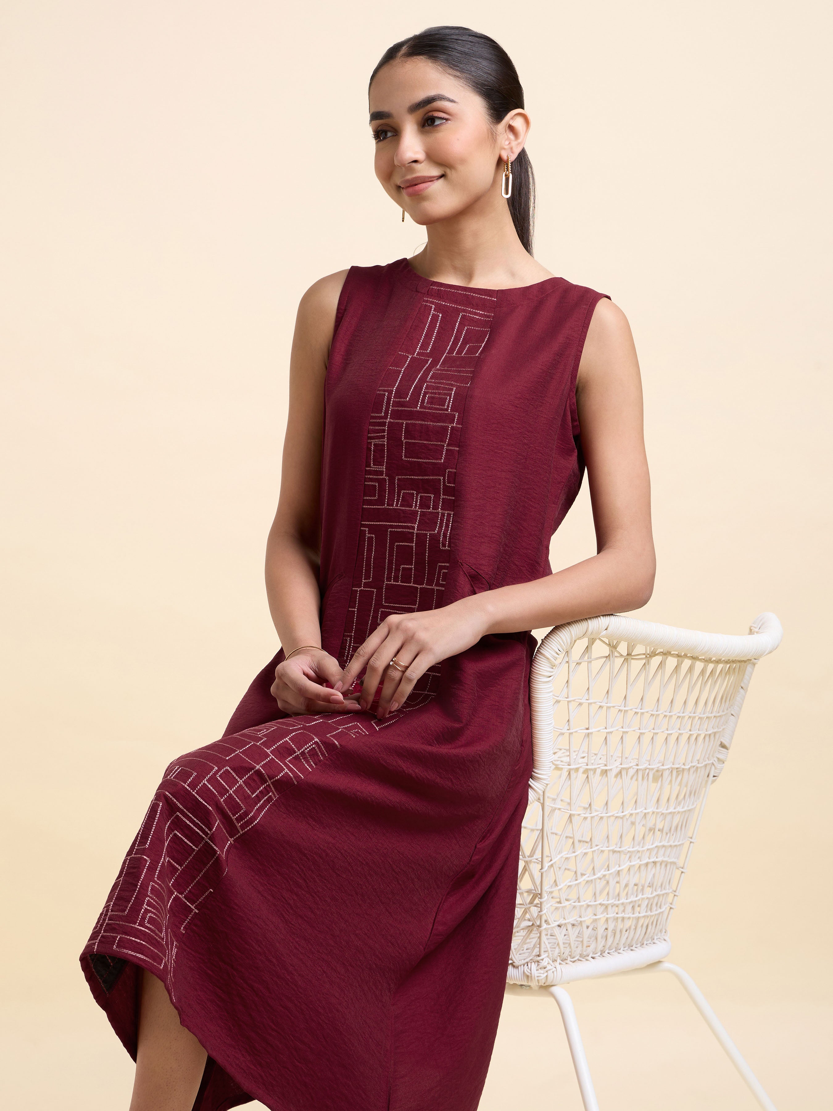 Maroon Poly Viscose Plain Flared Kurti With Center Panel Embroidery