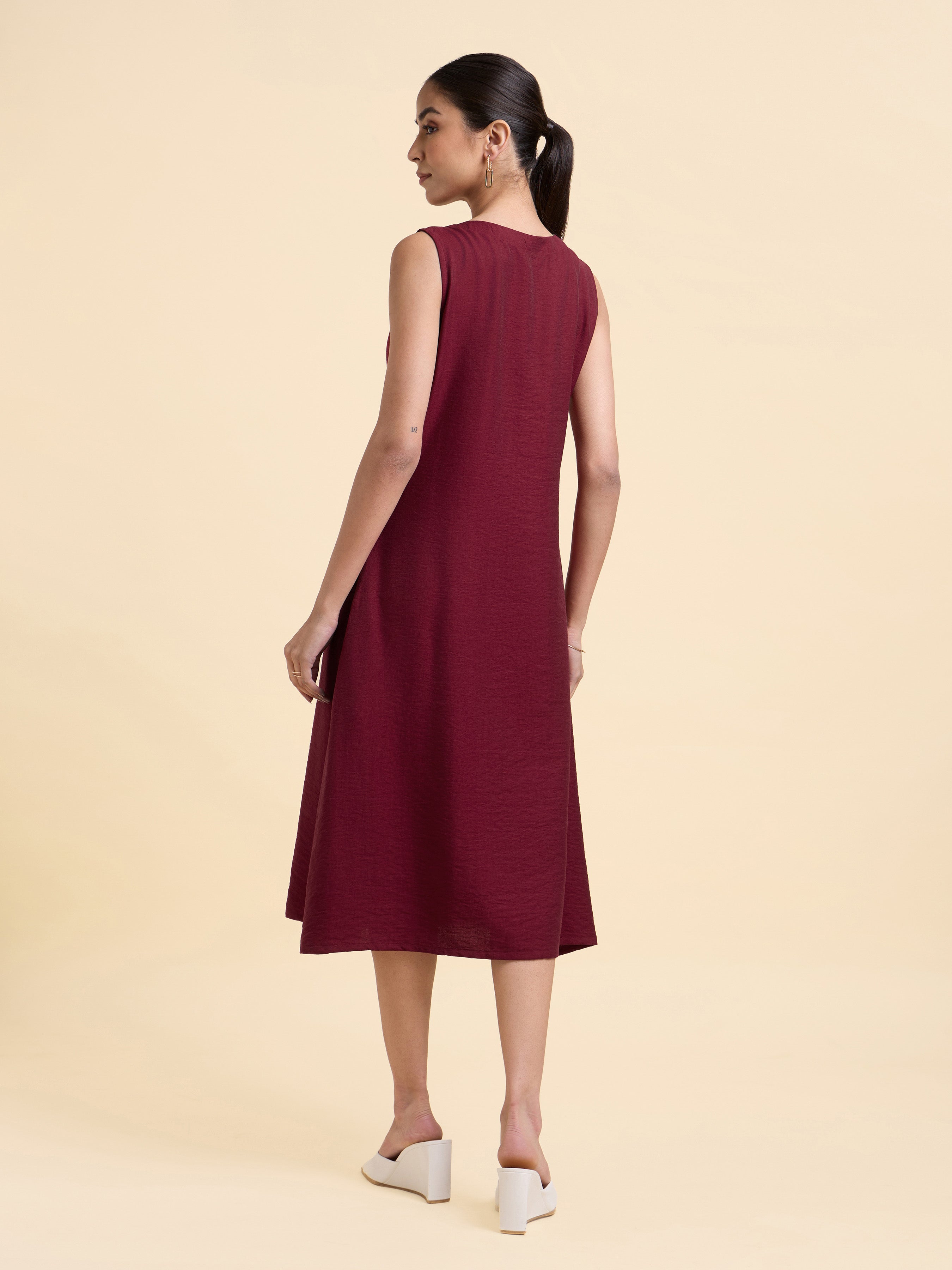 Maroon Poly Viscose Plain Flared Kurti With Center Panel Embroidery