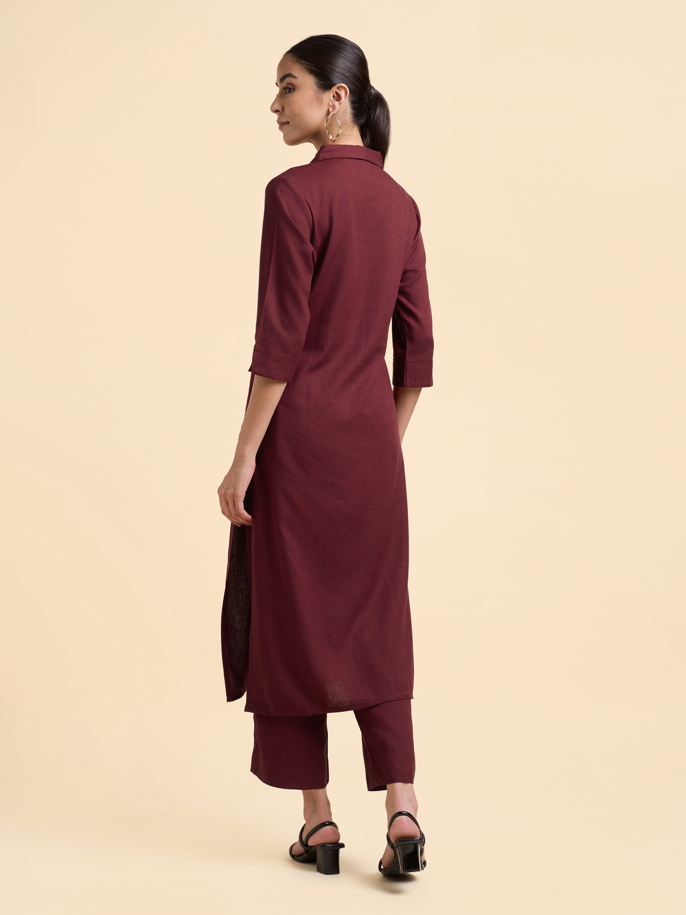 Maroon Viscose Linen Plain Slitted Kurti Set With Embroidery