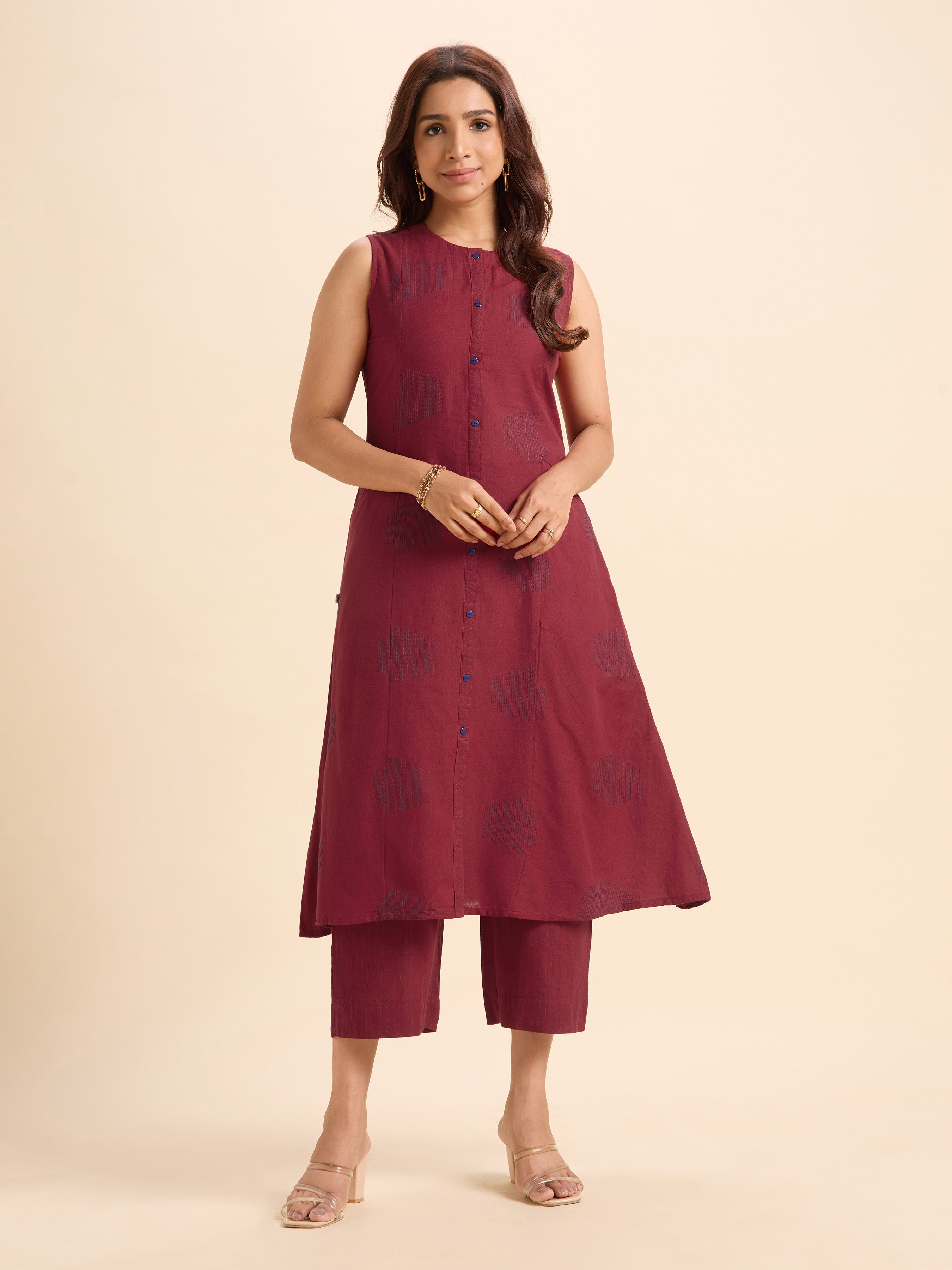 Maroon Blue Cotton Dobby Plain Flared Kurti Set With Front Panel Pockets