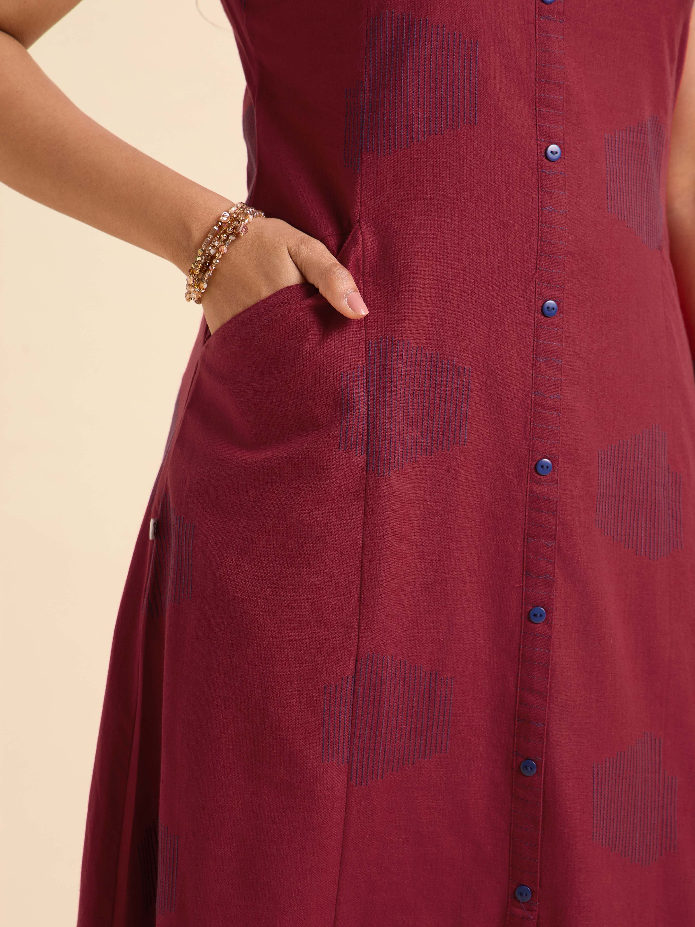 Maroon Blue Cotton Dobby Plain Flared Kurti Set With Front Panel Pockets