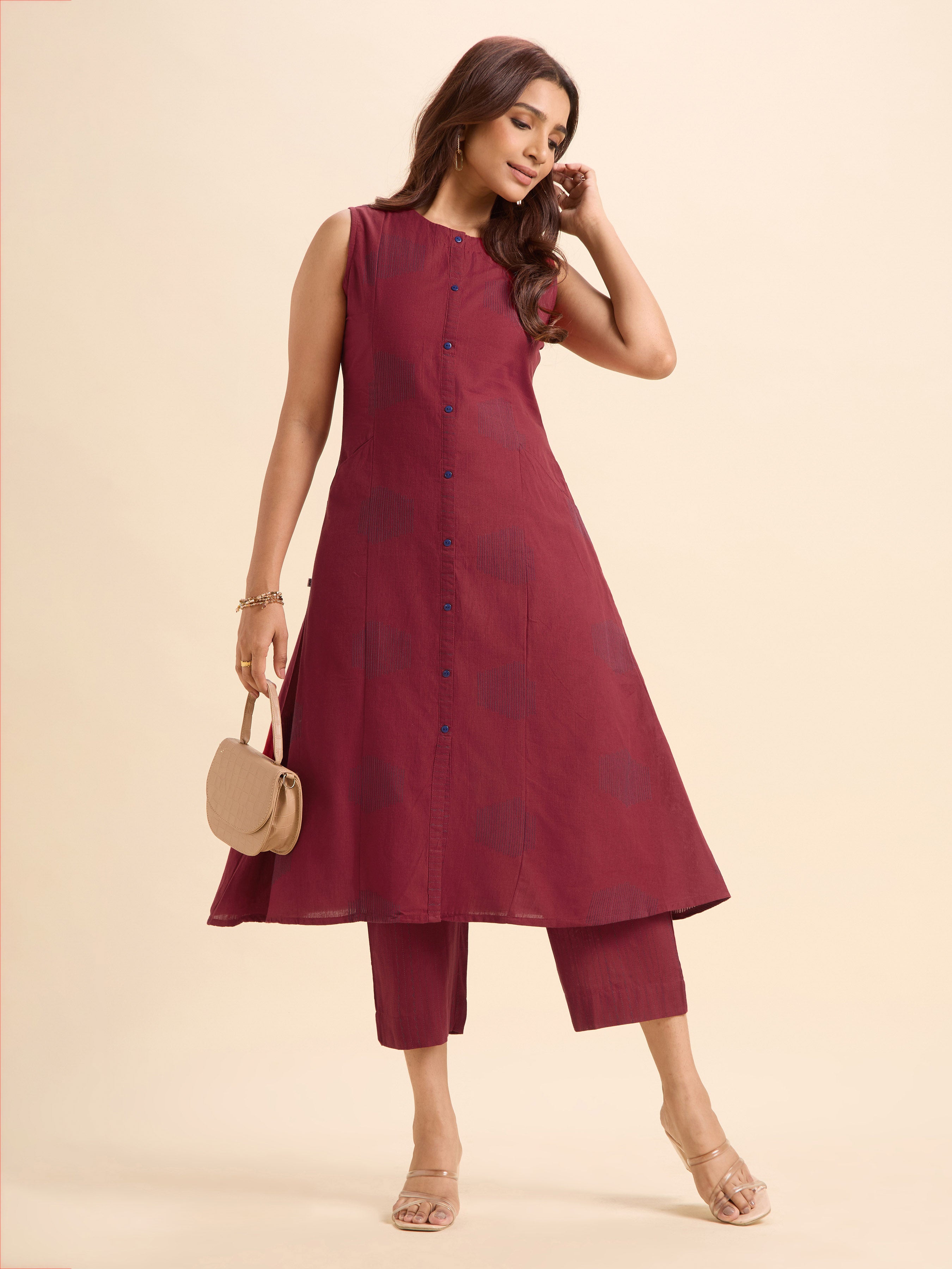 Maroon Blue Cotton Dobby Plain Flared Kurti Set With Front Panel Pockets