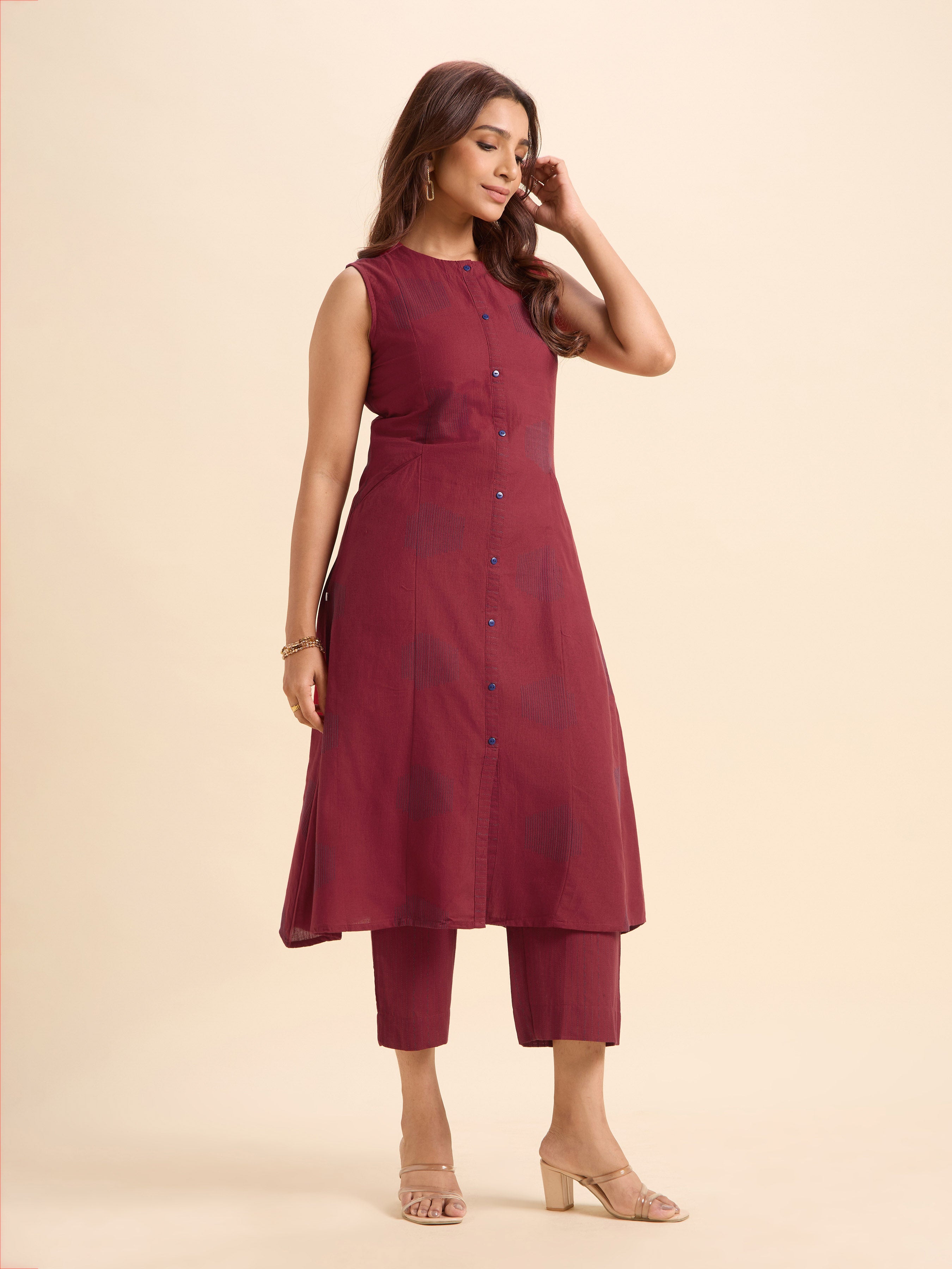 Maroon Blue Cotton Dobby Plain Flared Kurti Set With Front Panel Pockets