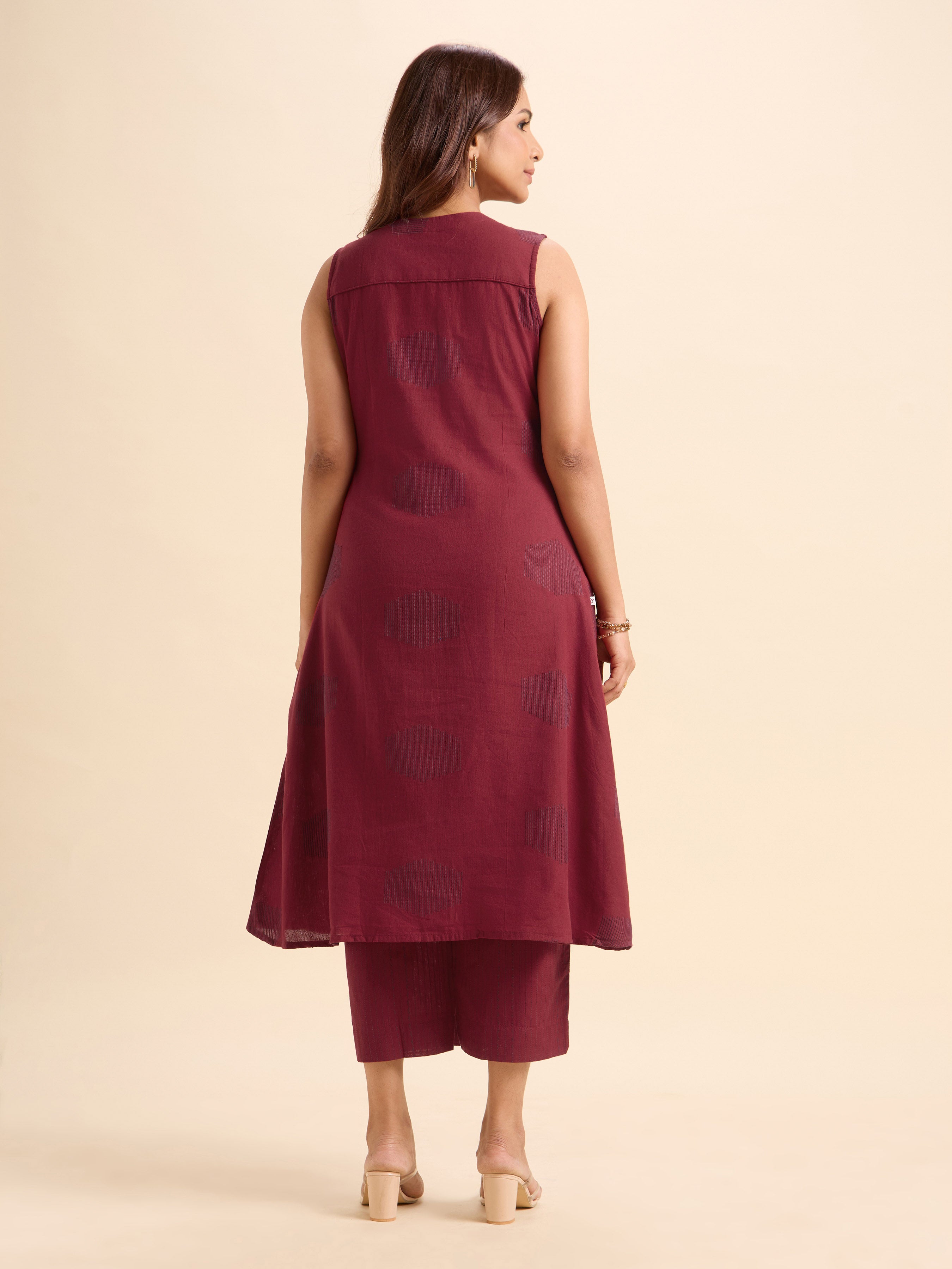 Maroon Blue Cotton Dobby Plain Flared Kurti Set With Front Panel Pockets
