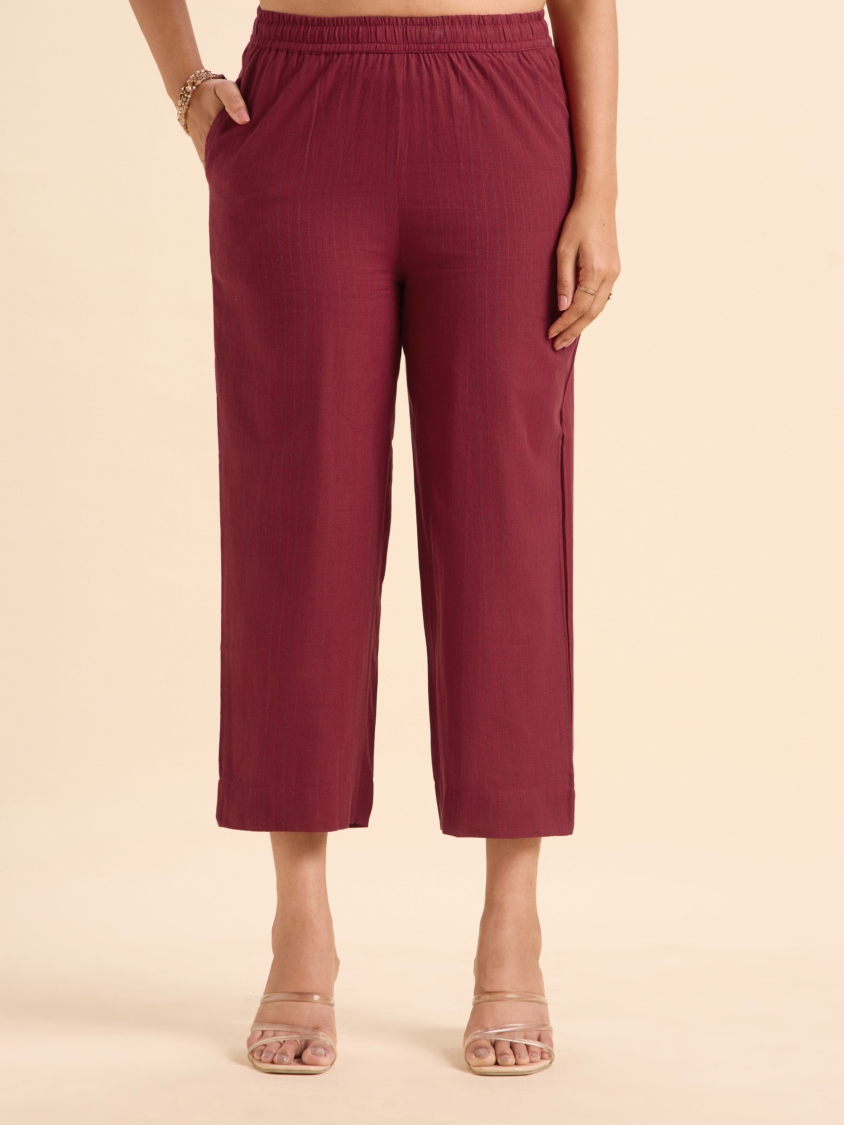 Maroon Blue Cotton Dobby Plain Flared Kurti Set With Front Panel Pockets