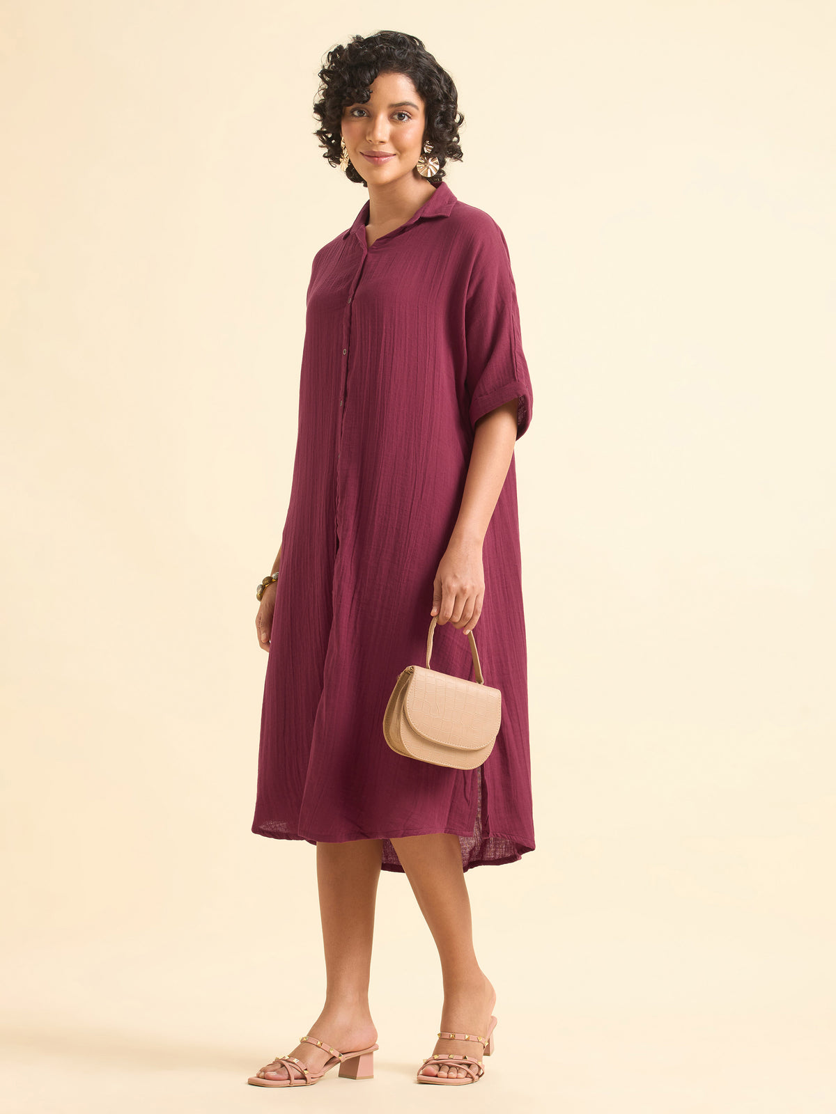Maroon Cotton Double Cloth Centre Cut Relaxed Fit Kaftan With Liberty Cut