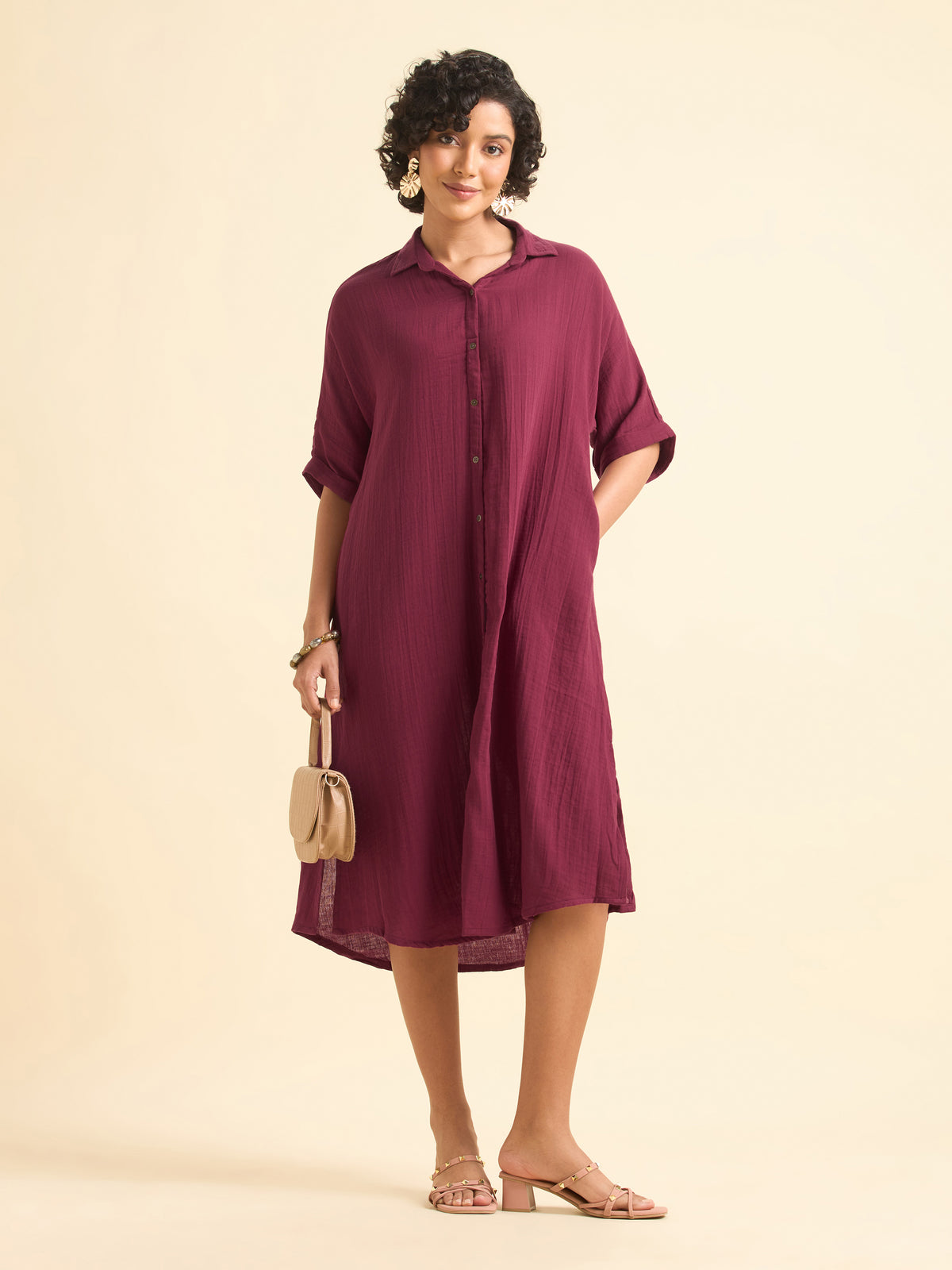 Maroon Cotton Double Cloth Centre Cut Relaxed Fit Kaftan With Liberty Cut