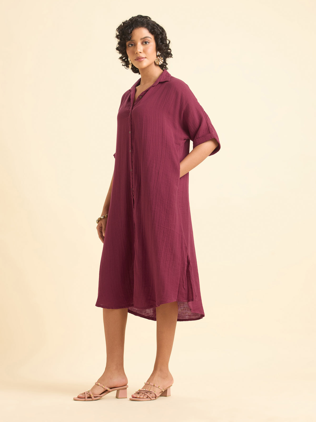 Maroon Cotton Double Cloth Centre Cut Relaxed Fit Kaftan With Liberty Cut