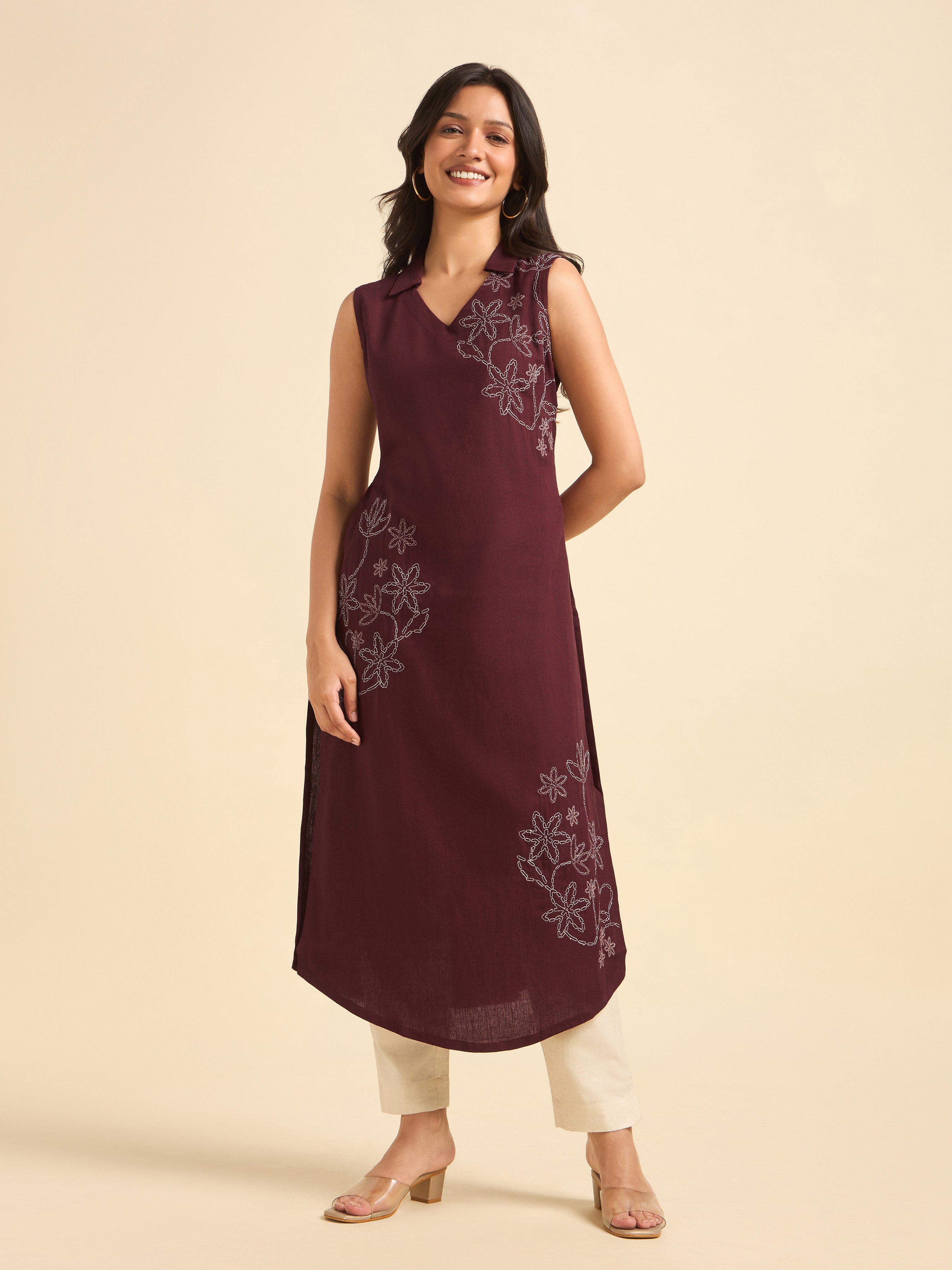Maroon Viscose Linen Plain Kurti With Embroidery