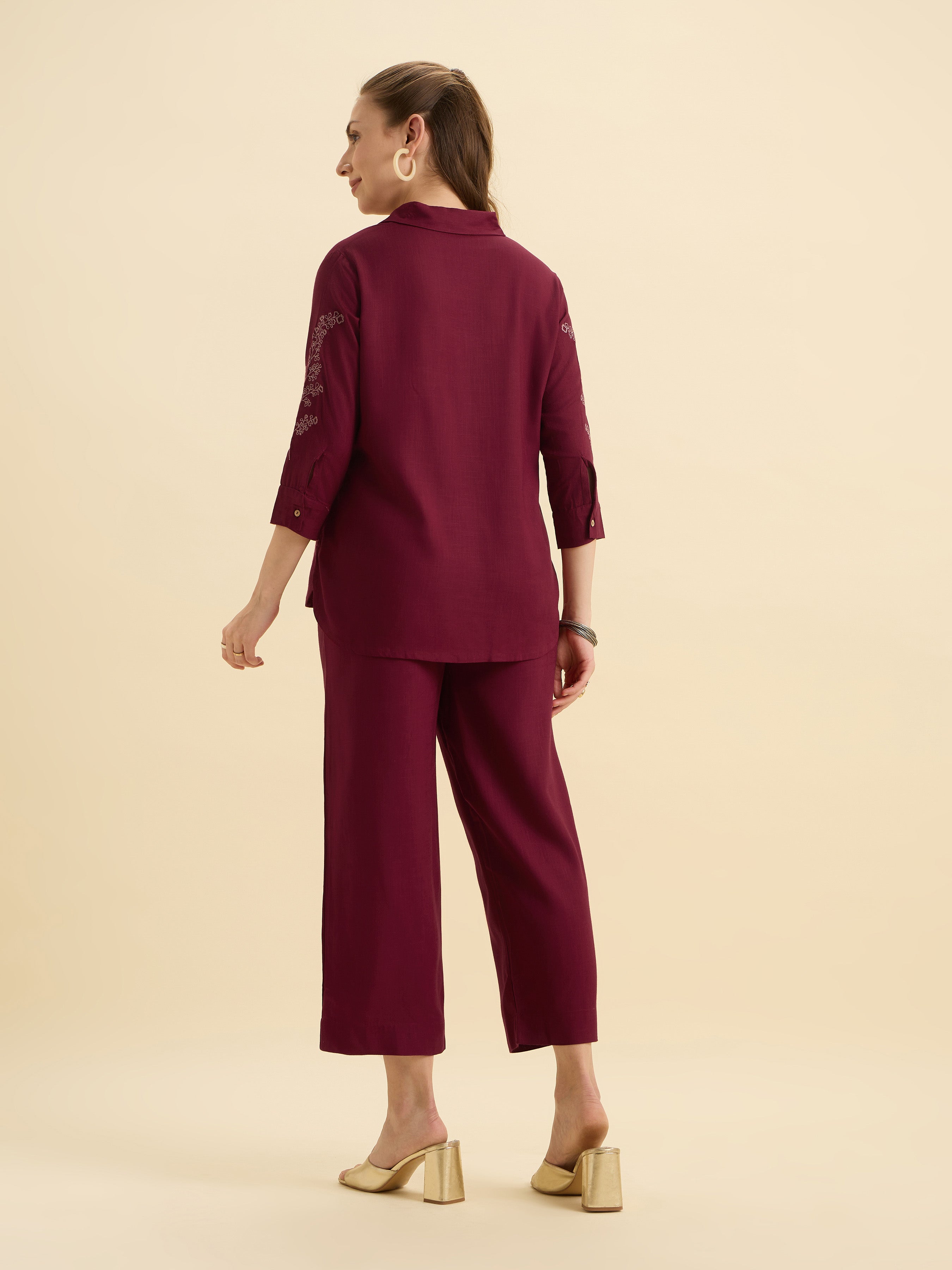 Maroon Viscose Linen Plain Tunic Set With Embroidery And Box Pleat