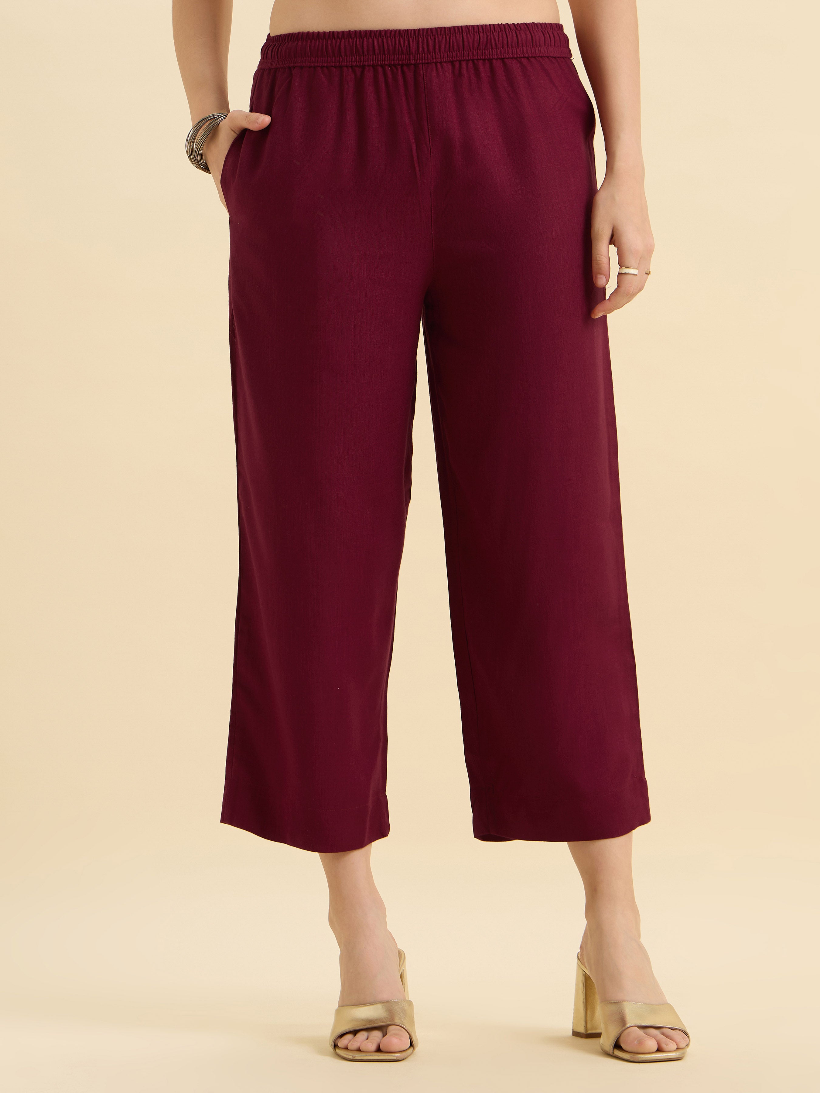 Maroon Viscose Linen Plain Tunic Set With Embroidery And Box Pleat