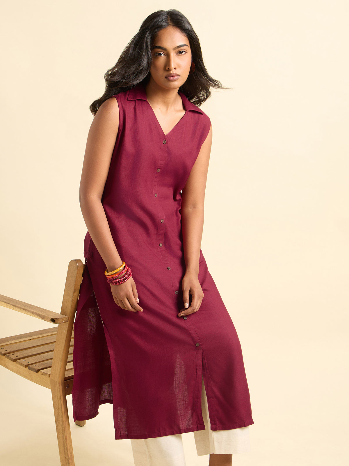 Maroon Viscose Plain Slitted Kurti With Centre Placket