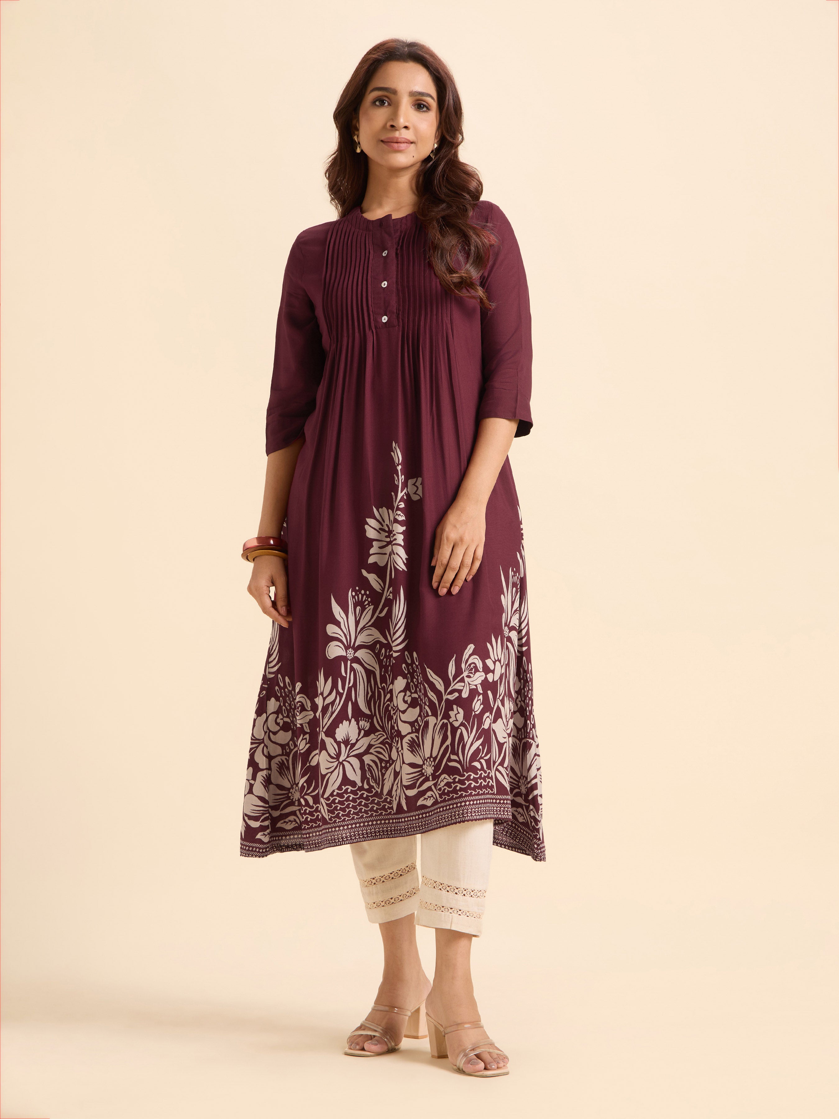Maroon Viscose Printed Flared Kurti