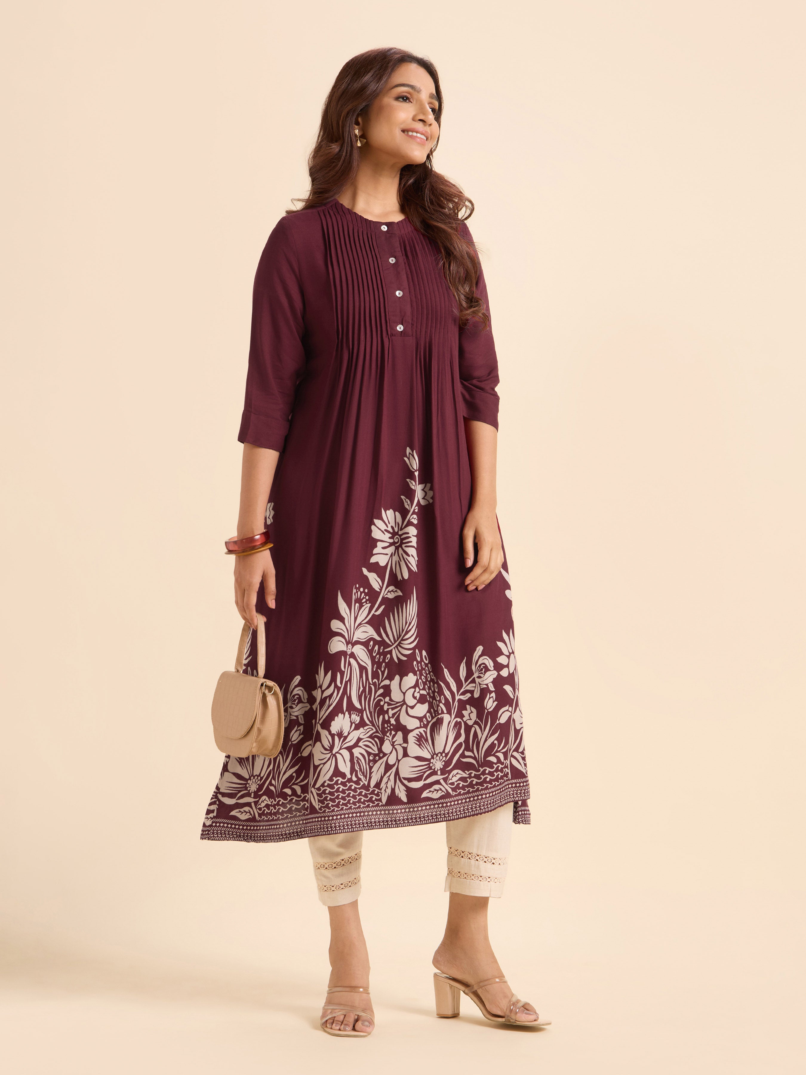 Maroon Viscose Printed Flared Kurti