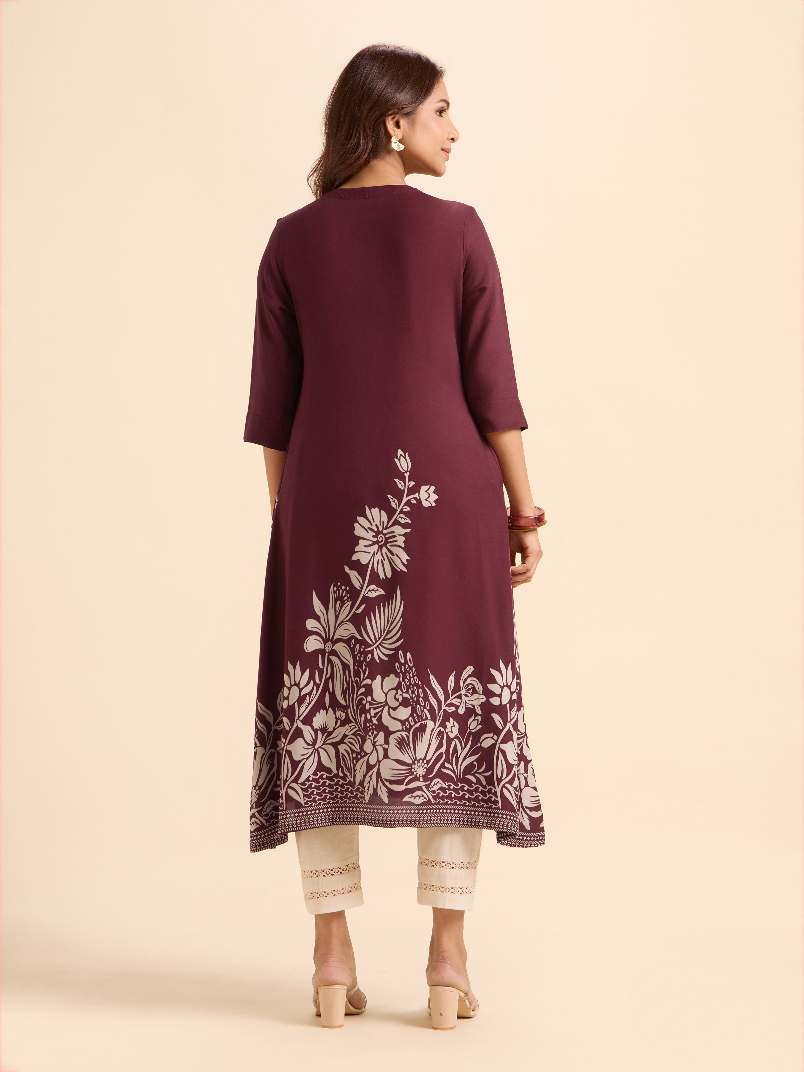 Maroon Viscose Printed Flared Kurti