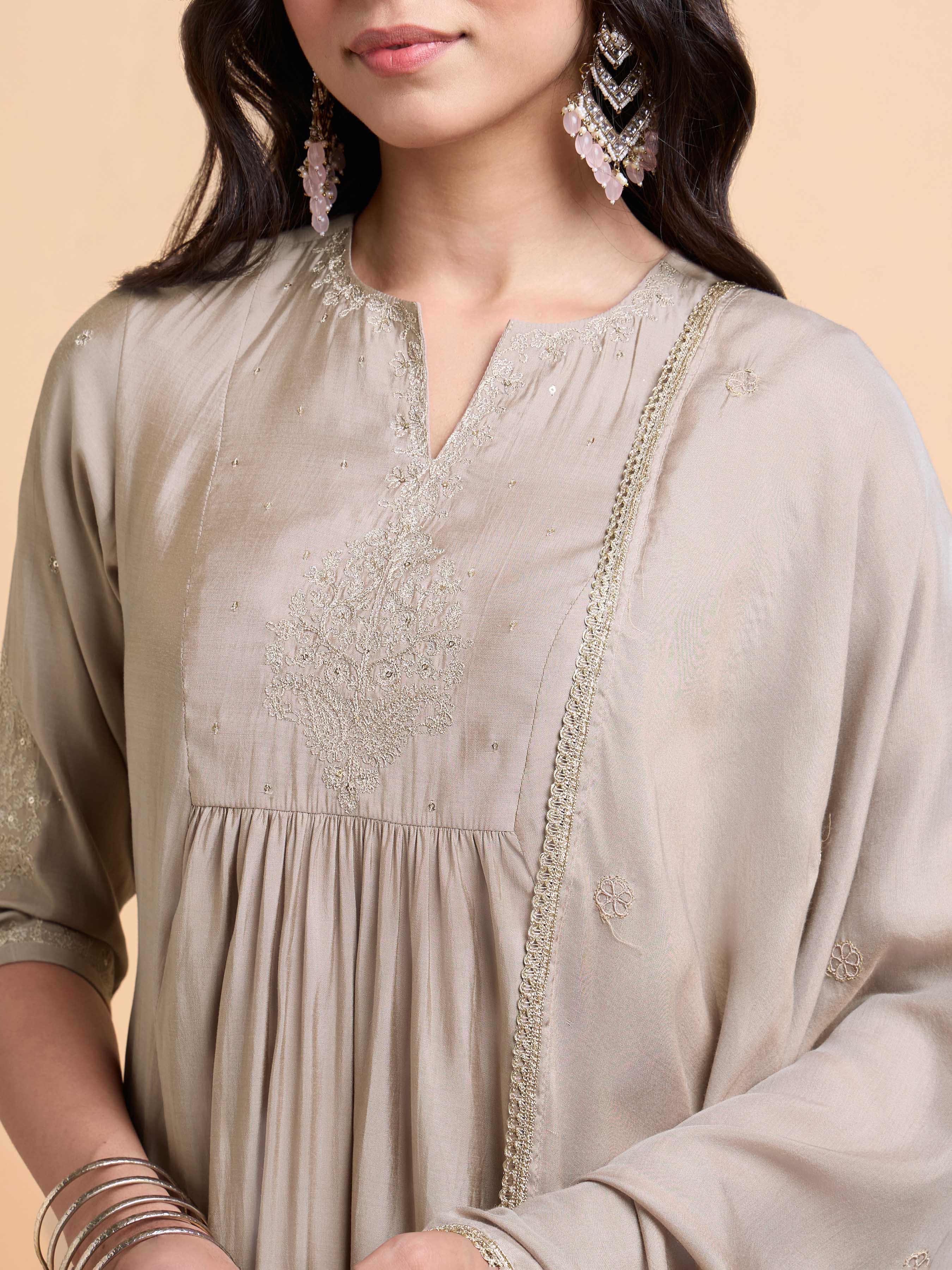 Mocha Colour Poly Viscose Plain Flared Kurti Set With Embroidery And Sequins Work