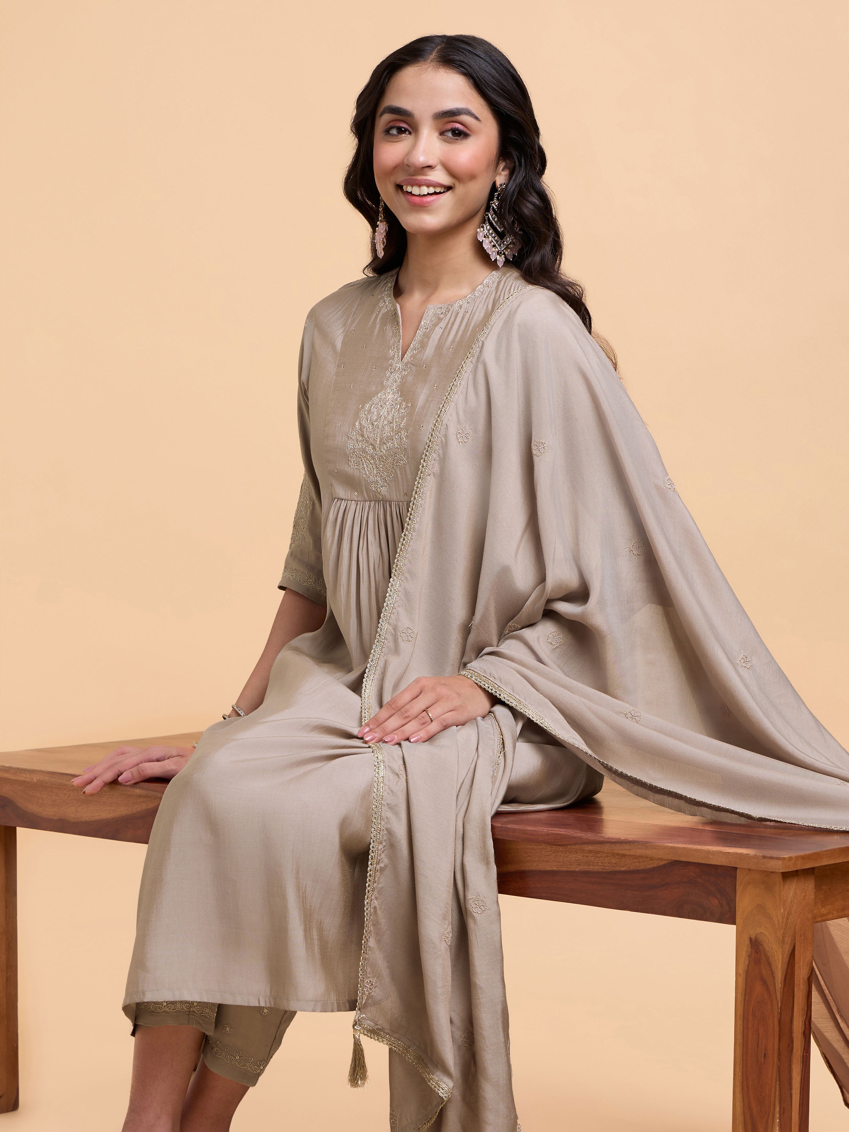Mocha Colour Poly Viscose Plain Flared Kurti Set With Embroidery And Sequins Work