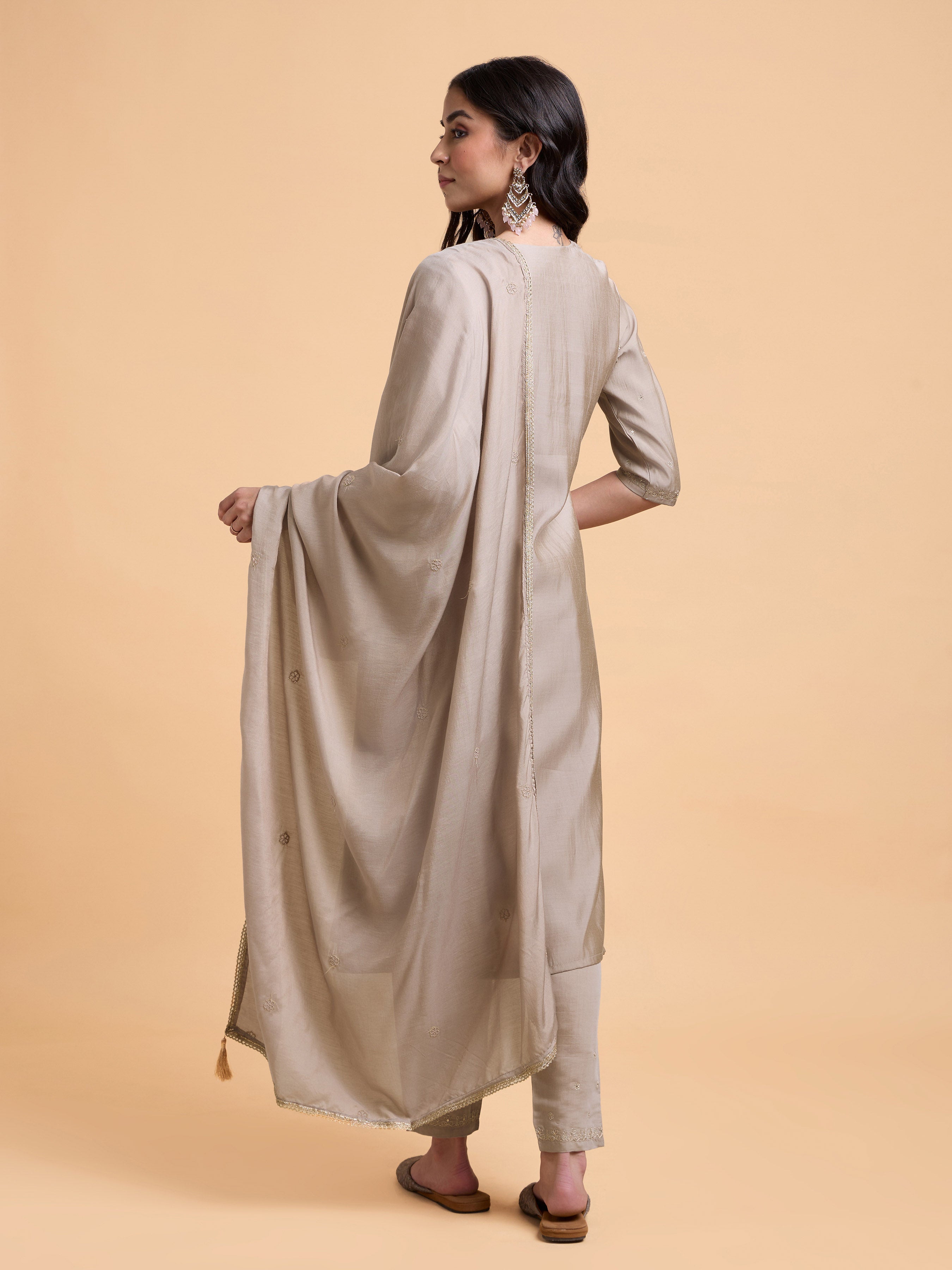 Mocha Colour Poly Viscose Plain Flared Kurti Set With Embroidery And Sequins Work