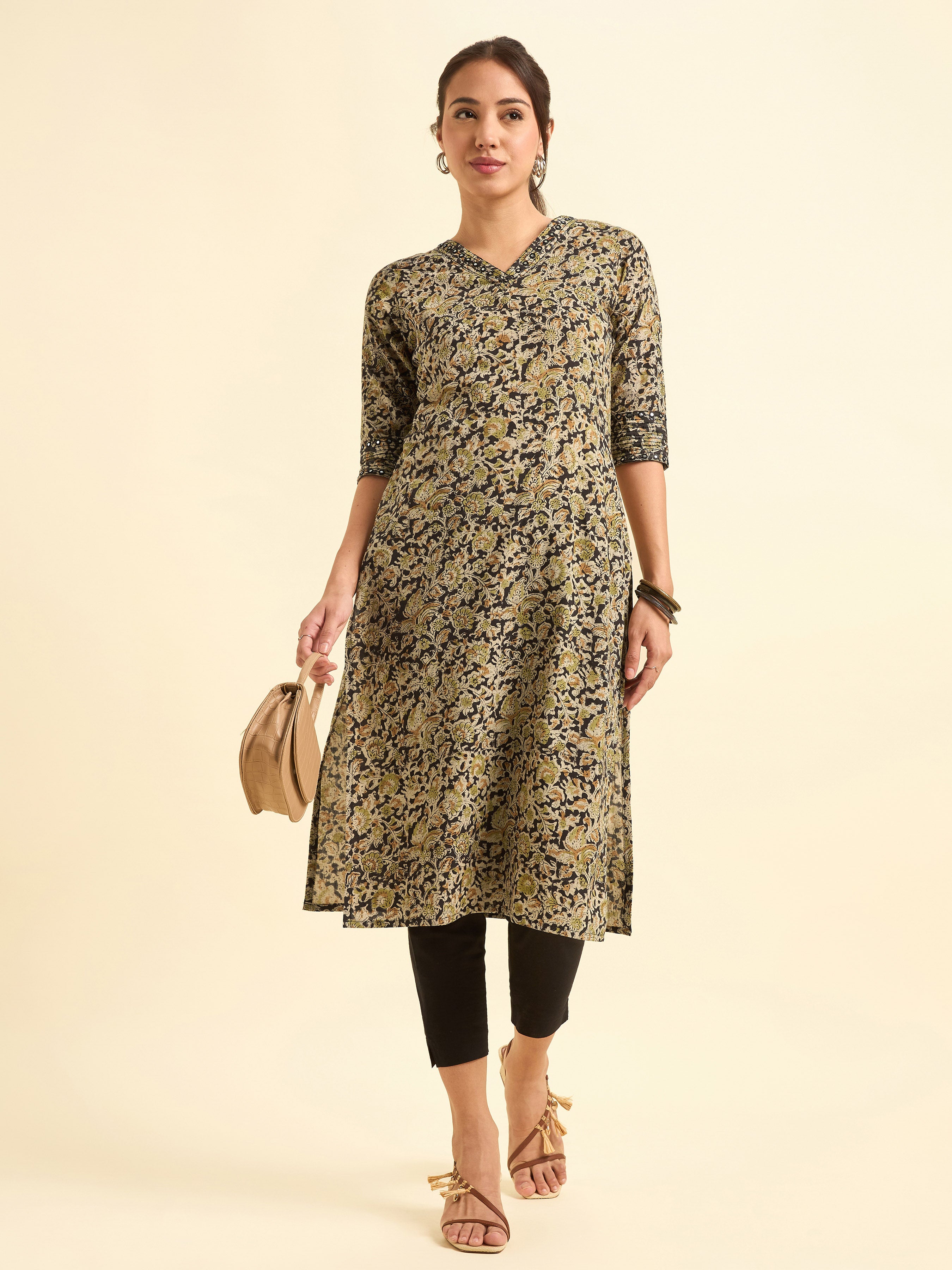 Multi-Colour Cotton Printed Kurti With Sequins & Mirror Work Embroidery