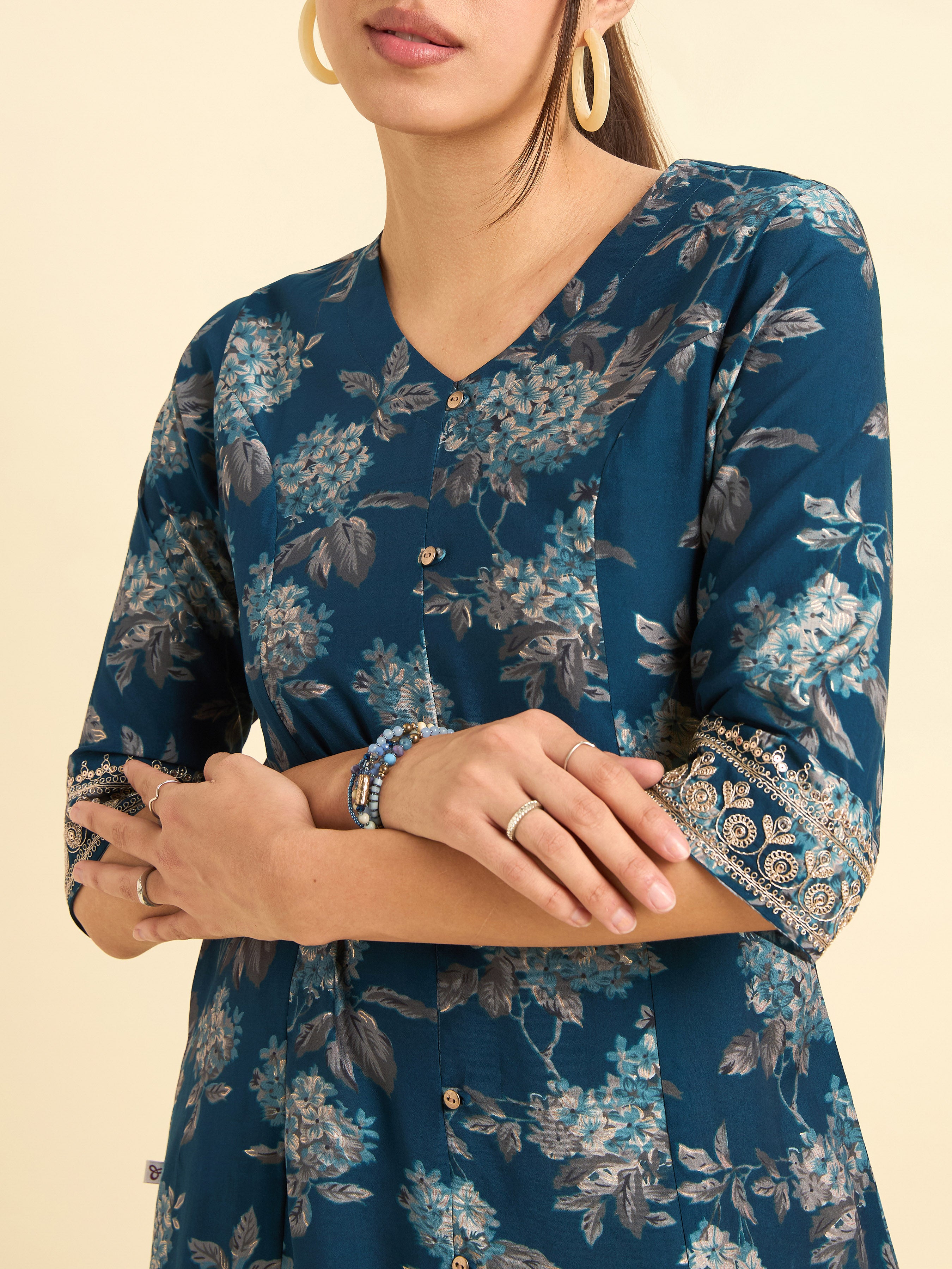 Multi-Colour Modal Chanderi Printed Flared Kurti With Embroidery And Sequins Work