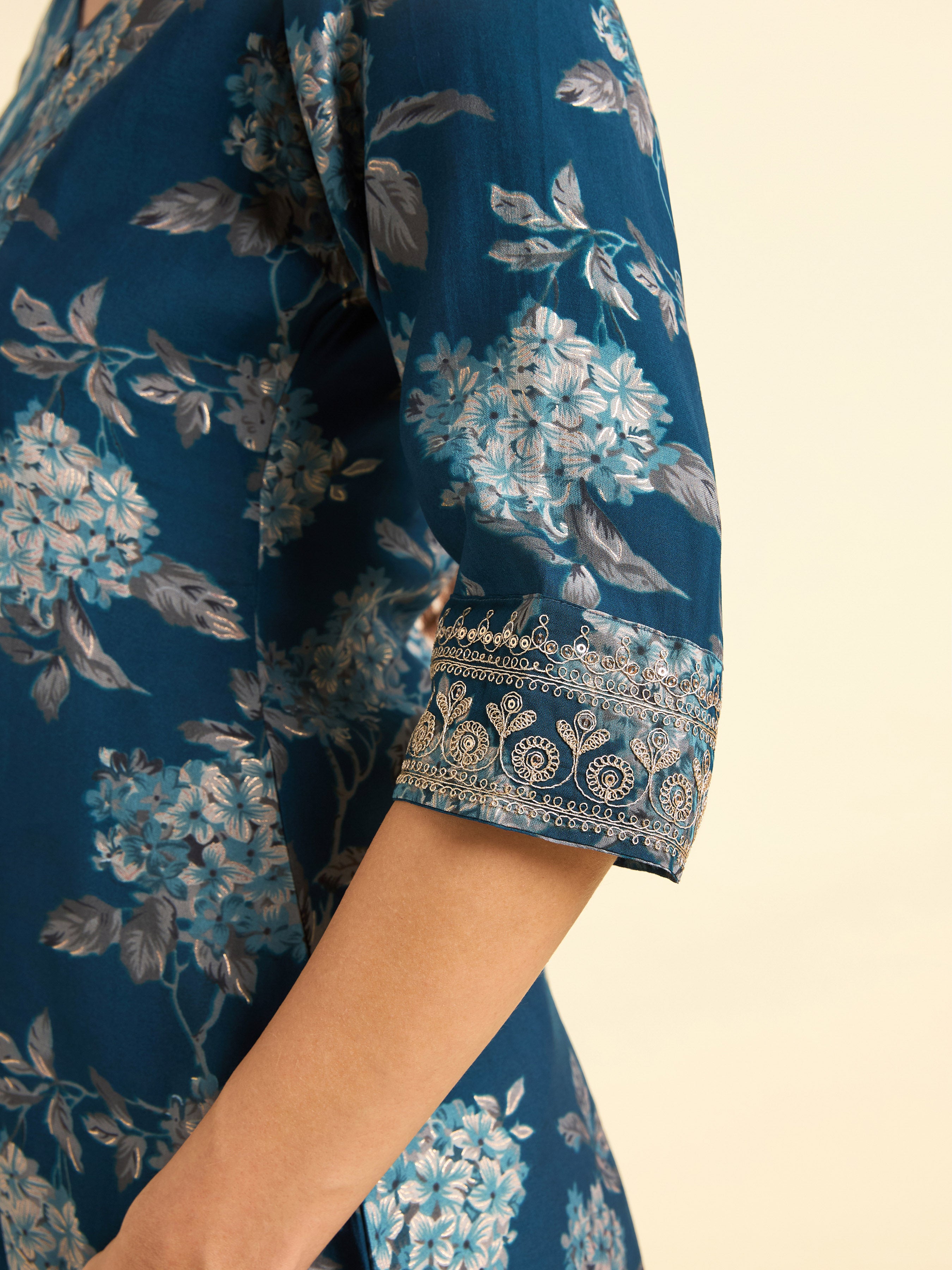 Multi-Colour Modal Chanderi Printed Flared Kurti With Embroidery And Sequins Work