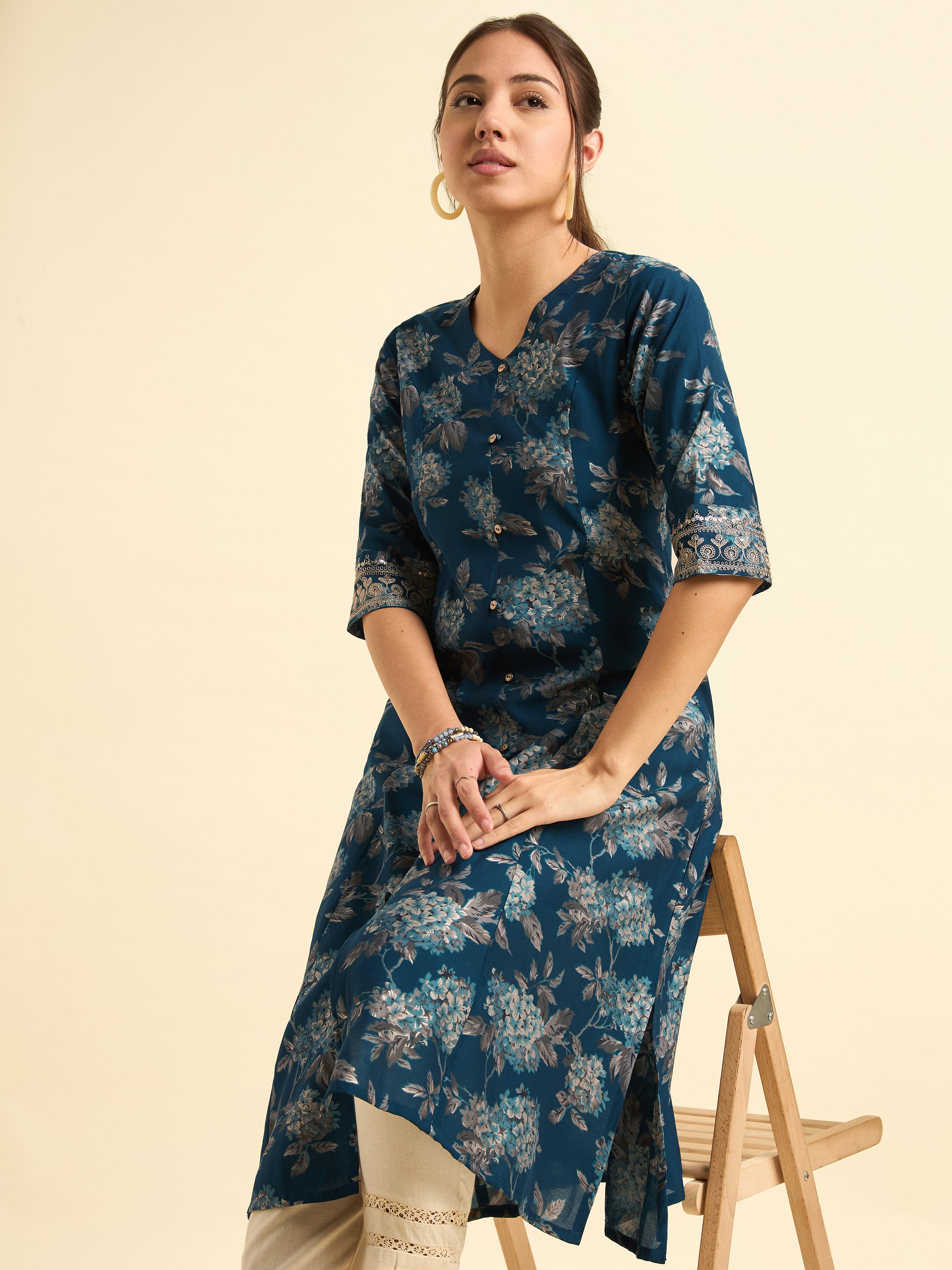 Multi-Colour Modal Chanderi Printed Flared Kurti With Embroidery And Sequins Work